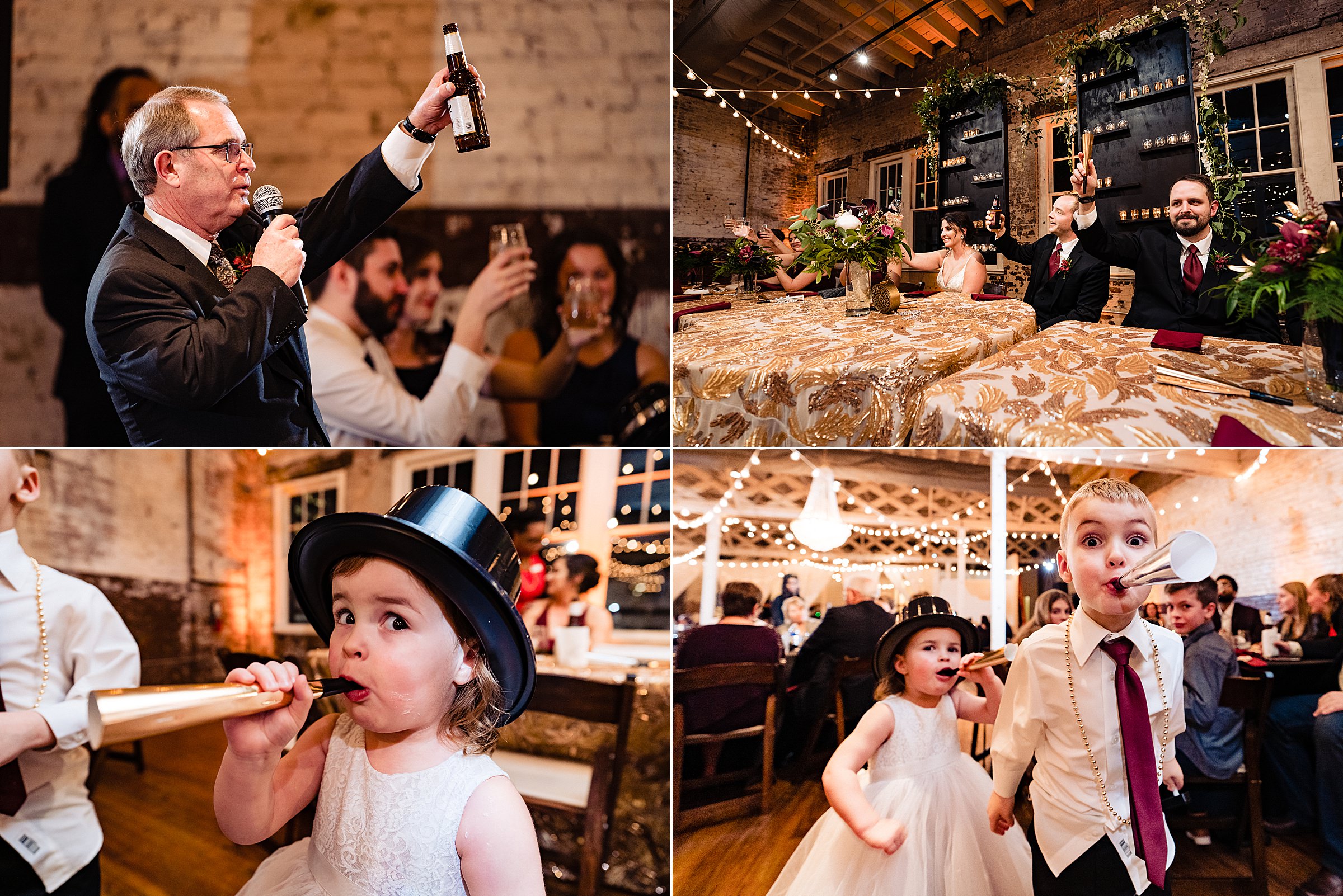 Collage of photos from a New Year's Eve wedding at The Stockroom in downtown Raleigh. Father of the groom gives a toast; bride, groom, and best man raise their glasses; flower girl and ring bearer wear party hats and use noisemakers | kivusandcamera.com