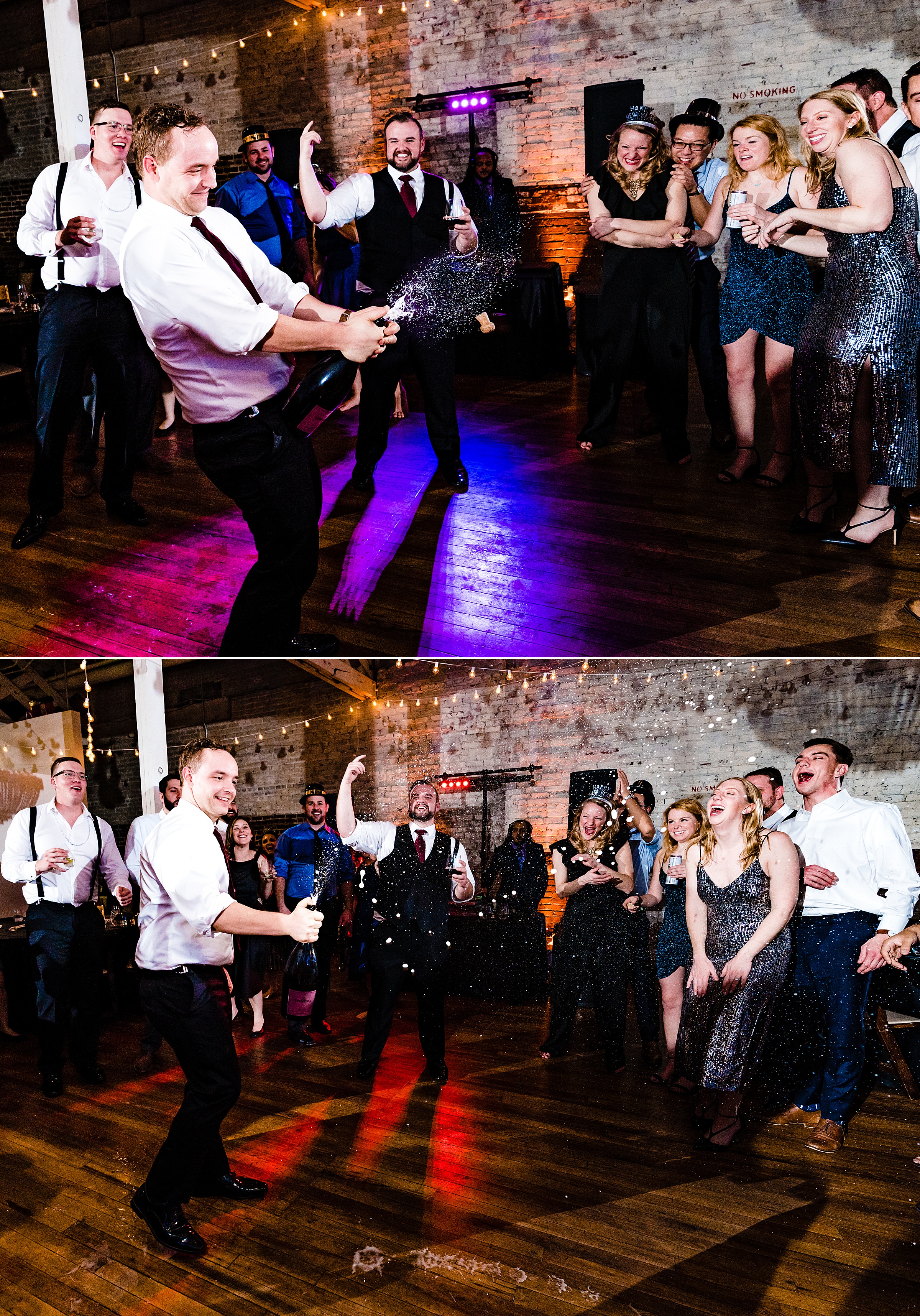 Groom pops champagne on the dance floor by Raleigh wedding photographers