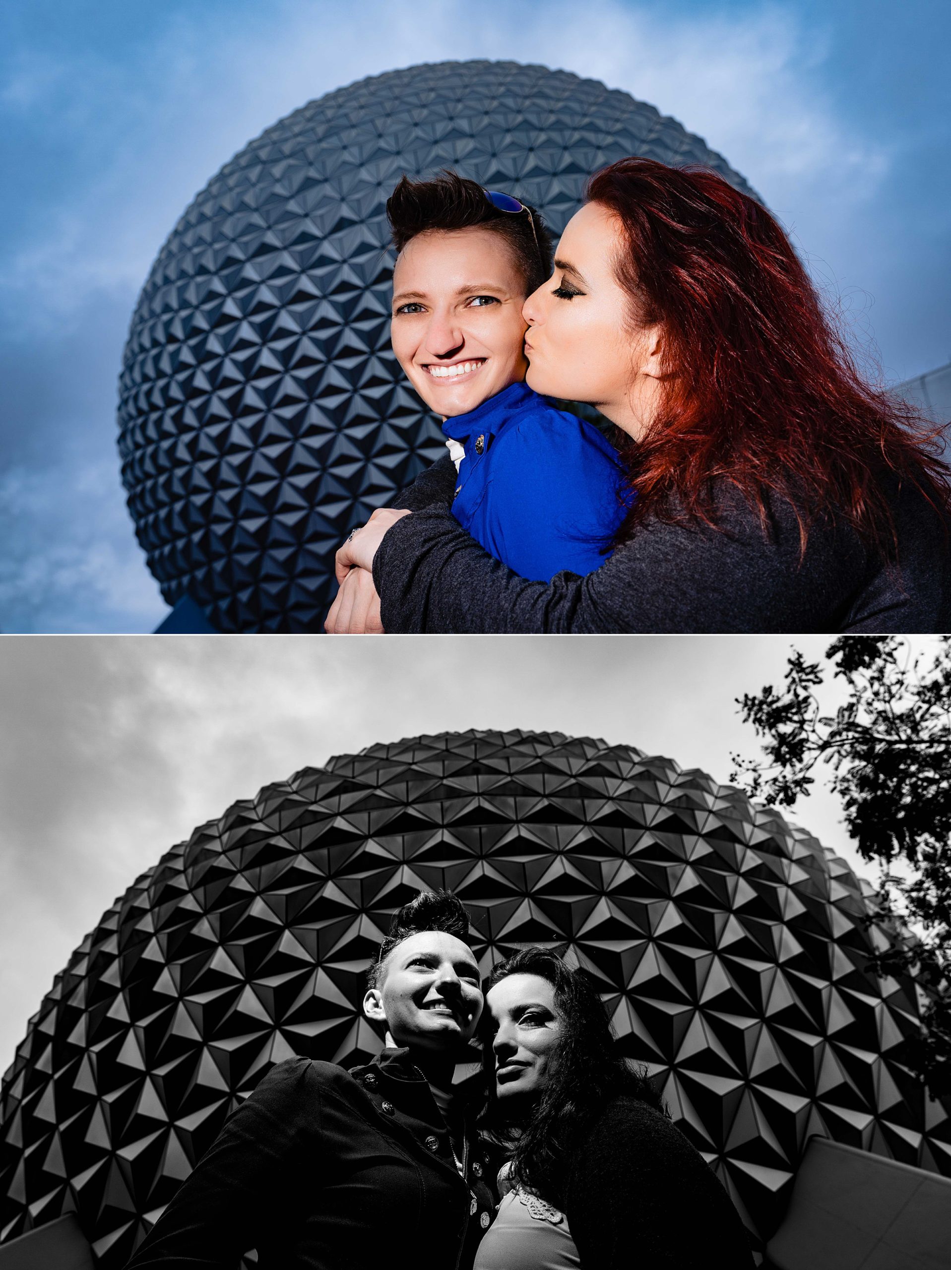 same-sex couple poses in front of Spaceship earth | Disney engagement, disney engagement photos, Disney portraits, epcot engagement photos, kivusandcamera.com, magic kingdom engagement photos, same-sex engagement photos, Walt Disney World engagement