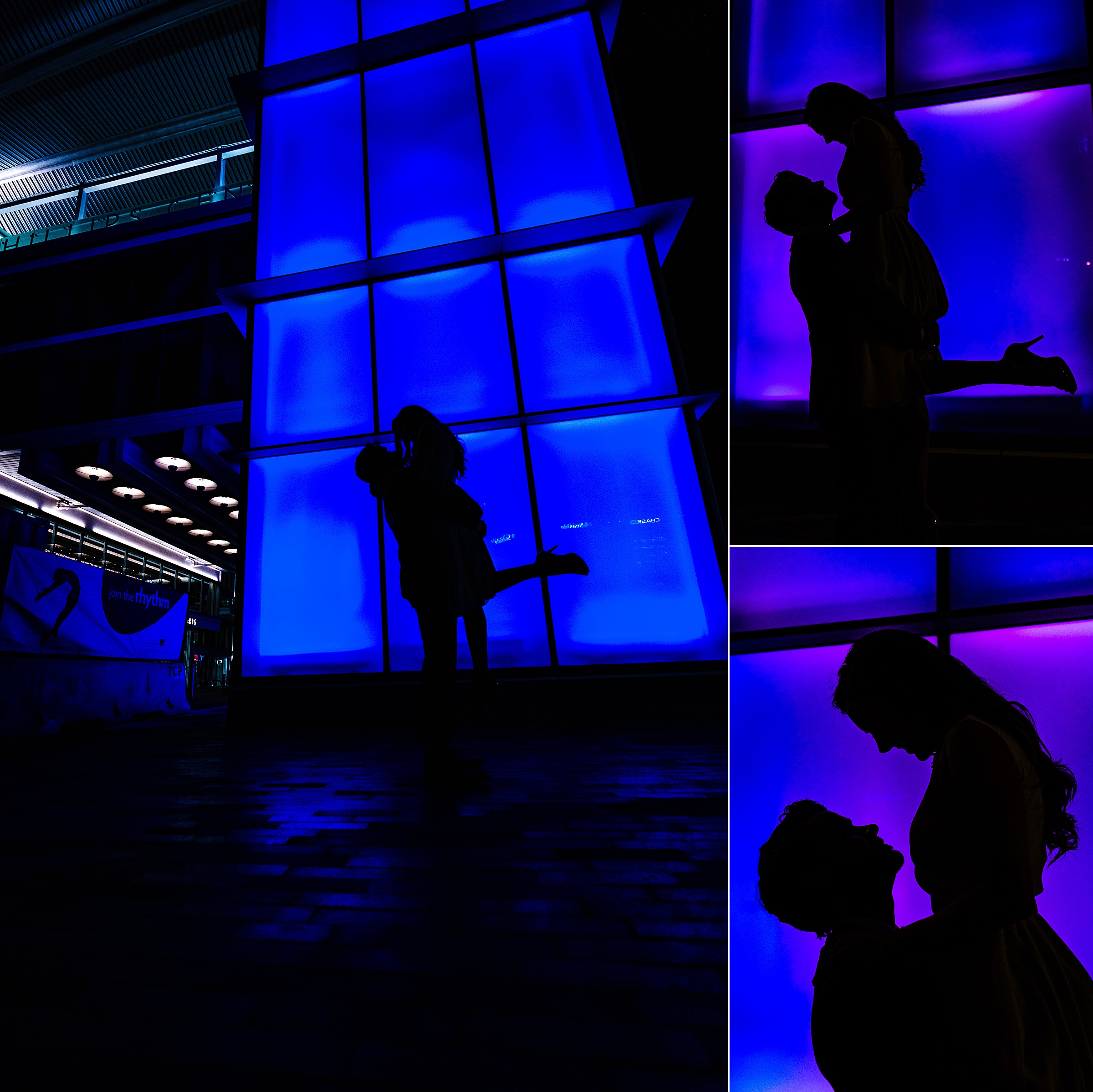 Couple silhouetted in front of a blue and purple light wall | kivusandcamera.com