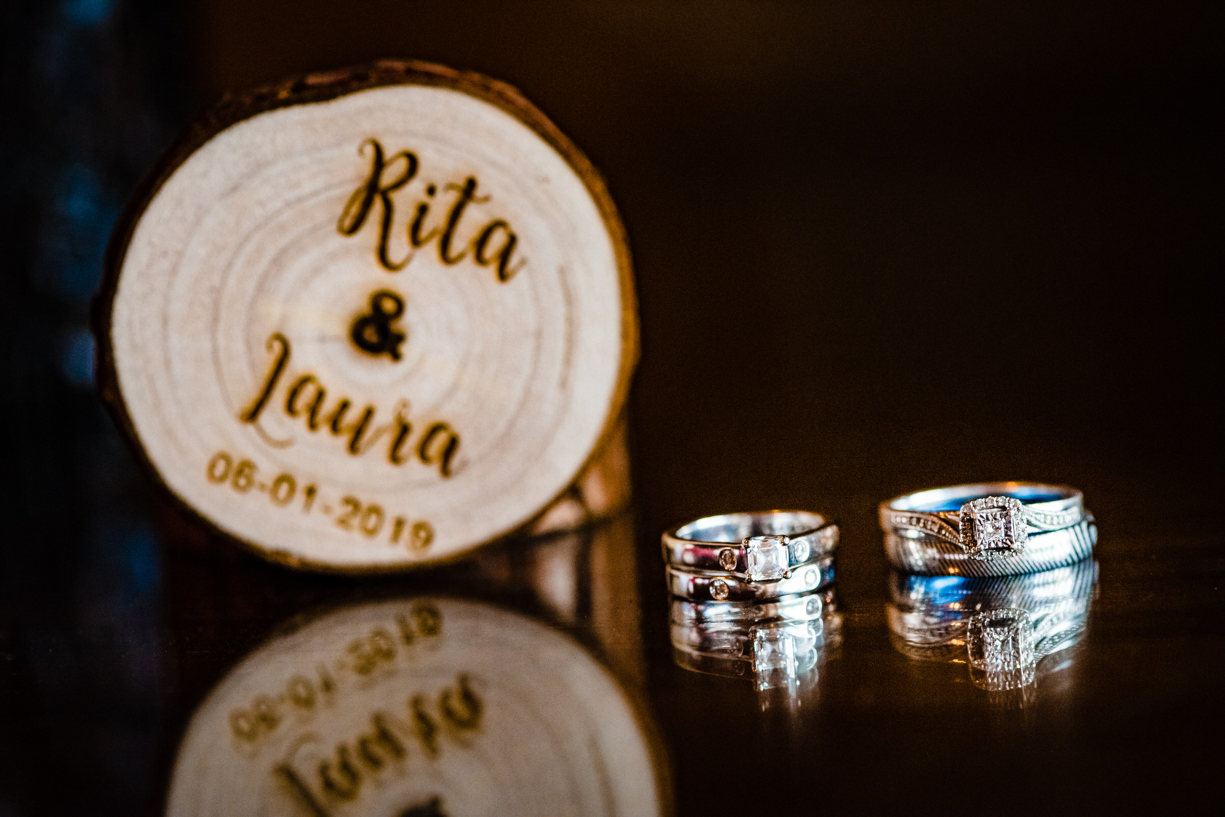 photograph of two wedding rings sit in front of a wedding ring box that says Rita & Laura