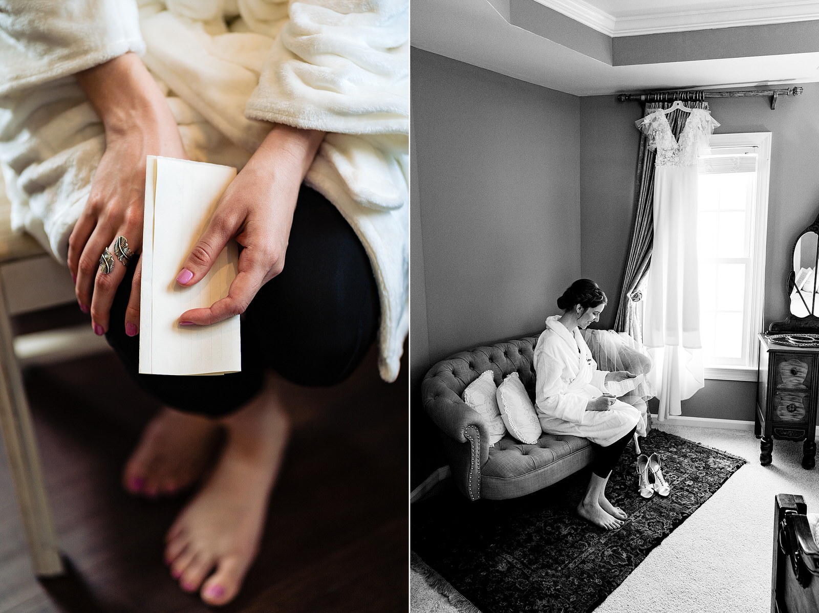 Bride reads a letter from the groom the morning of her wedding at The Meadows Raleigh