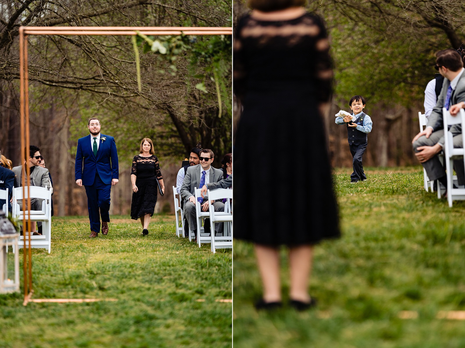 Groom, officiant, and ring bearer process down the aisle of an outdoor wedding ceremony at The Meadows Raleigh
