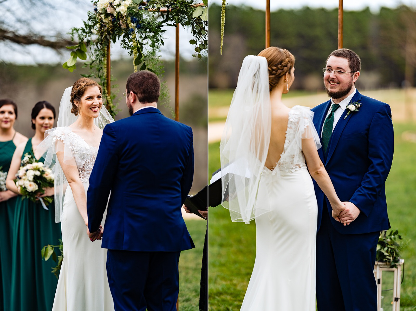 Bride and groom look lovingly at one another during outdoor wedding ceremony at The Meadows Raleigh