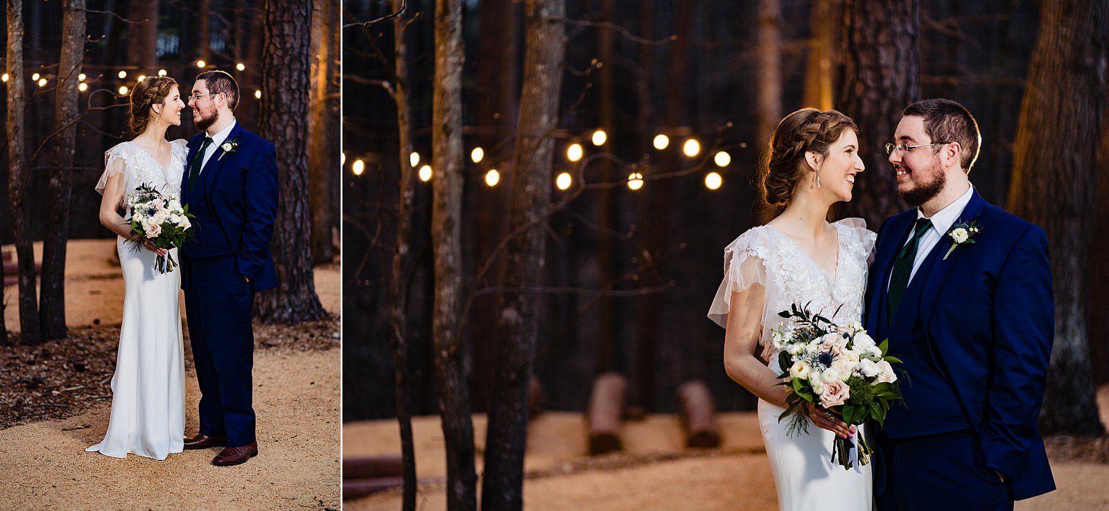 Bride and groom pose for portraits at twilight in the woods at The Meadows Raleigh