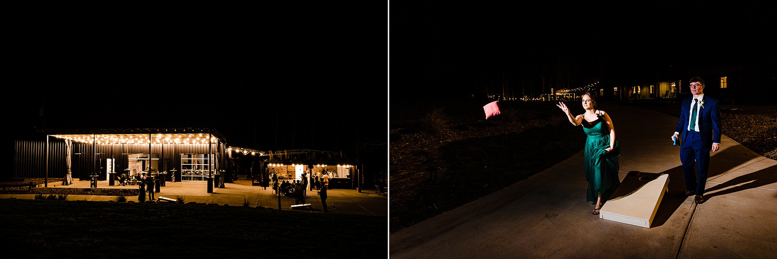 The Meadows Raleigh wedding reception at night