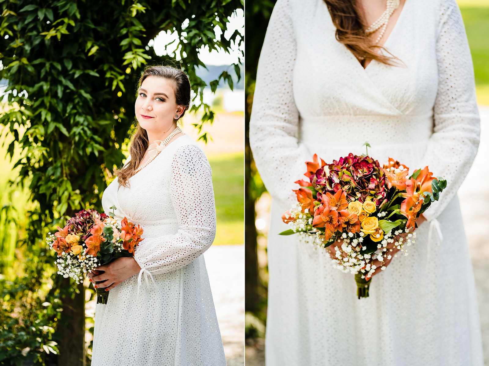 Portrait of a relaxed bride on her wedding day. She wears a long sleeve, white lace dress and carries a colorful bouquet. 