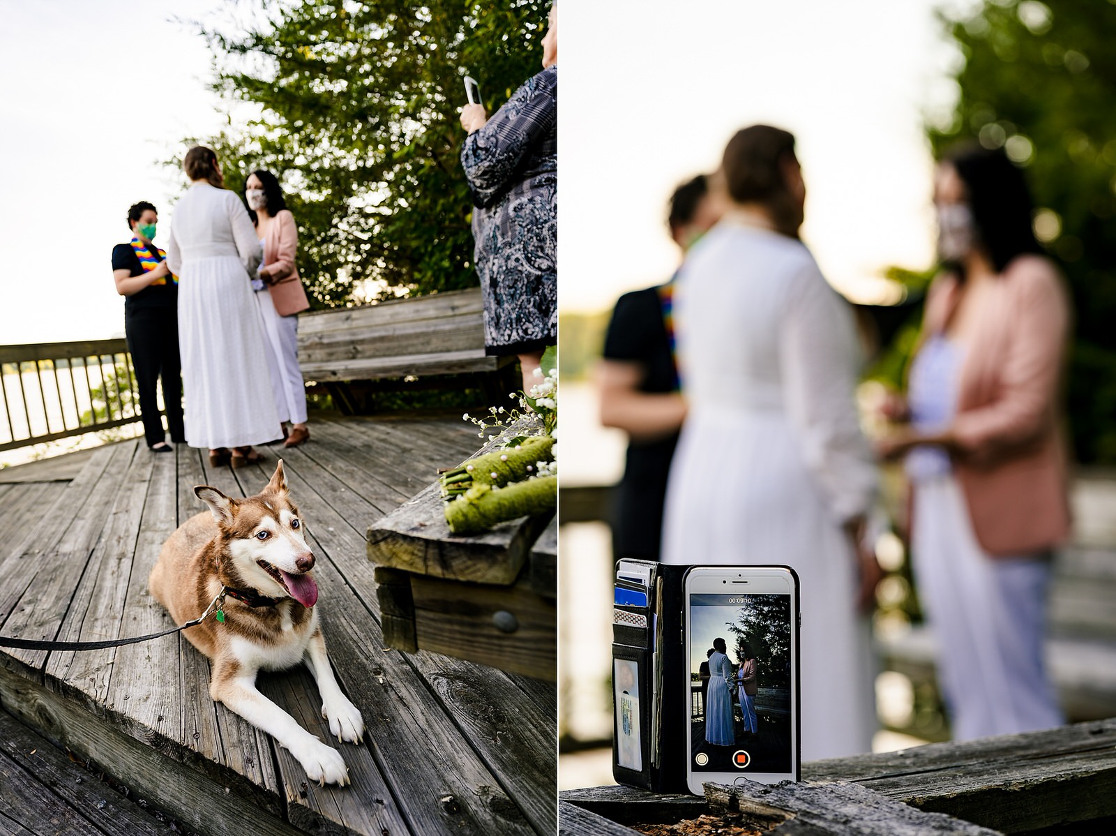 The brides' dog rests next to the small, intimate wedding ceremony