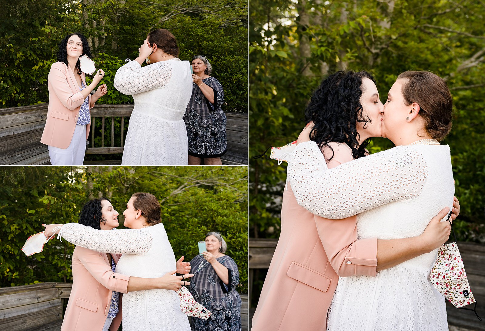 two brides remove their masks and kiss to finalize their same-sex elopement during Covid19