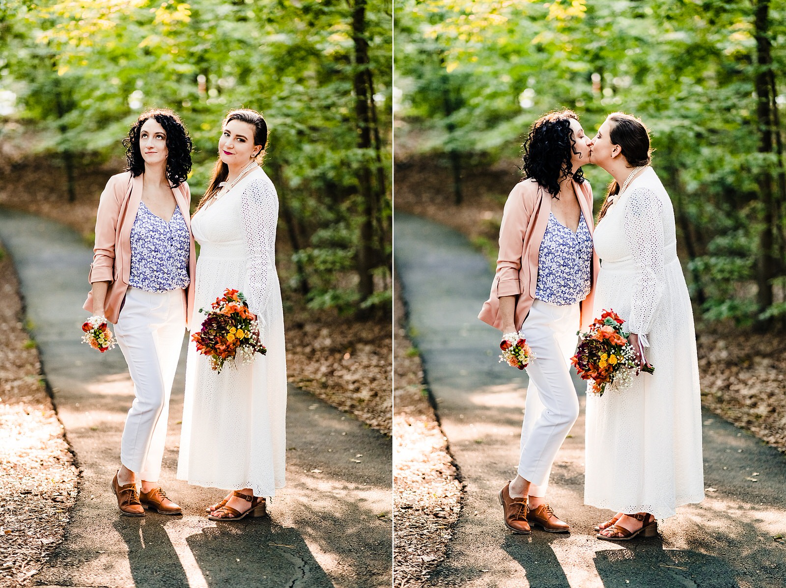 Two brides smile and kiss in the sun right after their same-sex elopement in Raleigh, NC