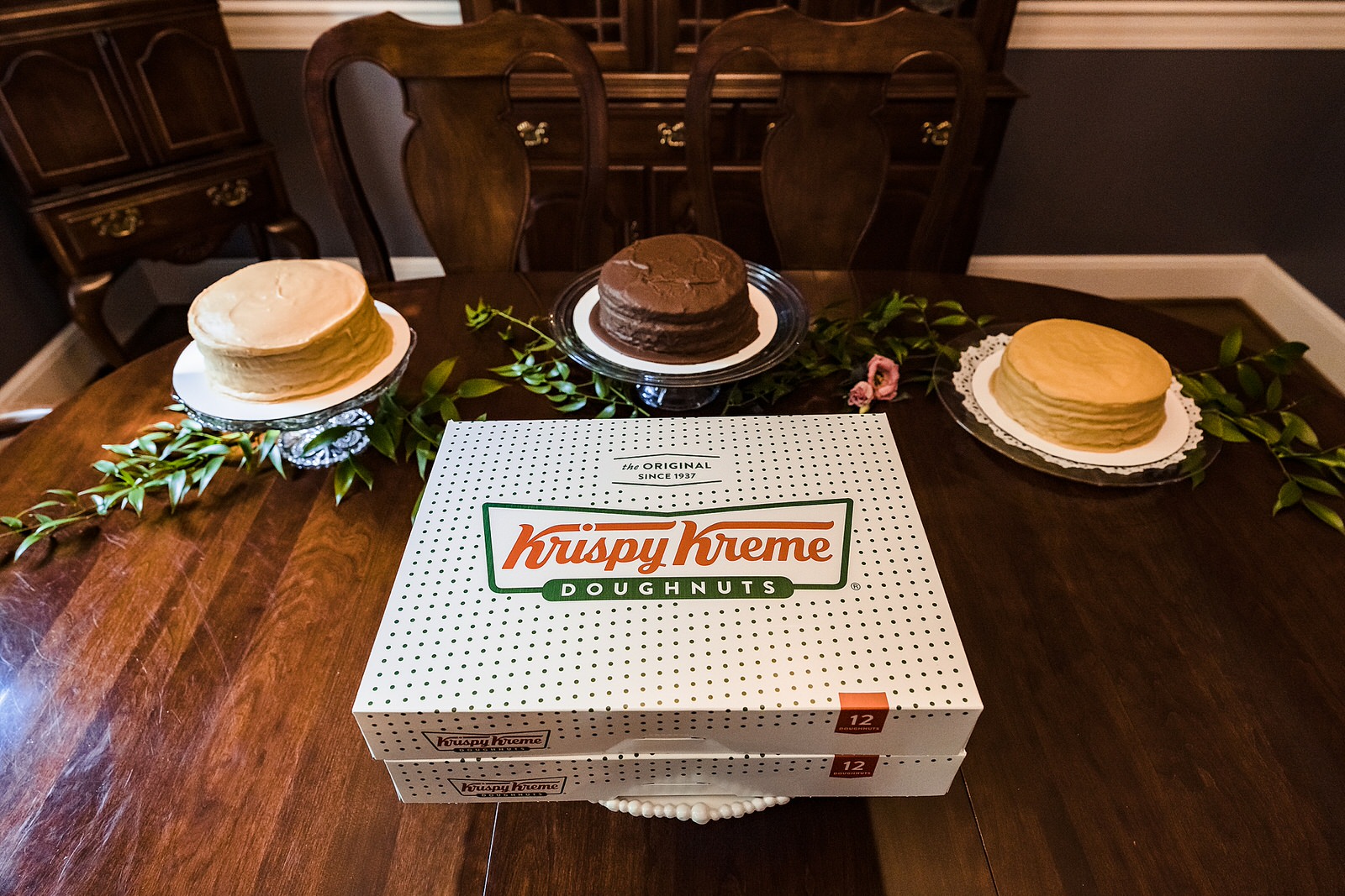 wedding cake and krispy kreme donuts