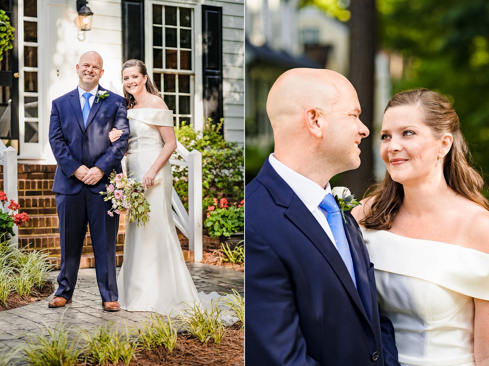 Wedding portraits of bride and groom in front of their house in North Raleigh