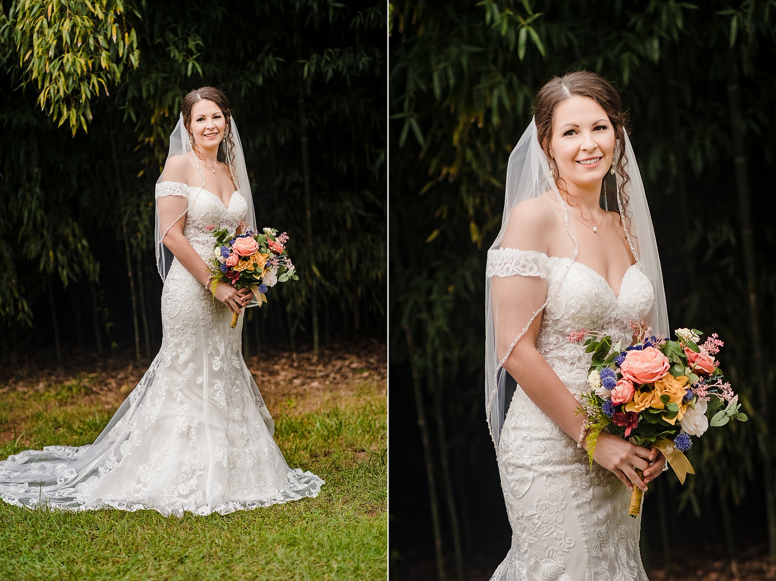 Bridal style - off the shoulder wedding gown, silk bouquet, fingertip veil