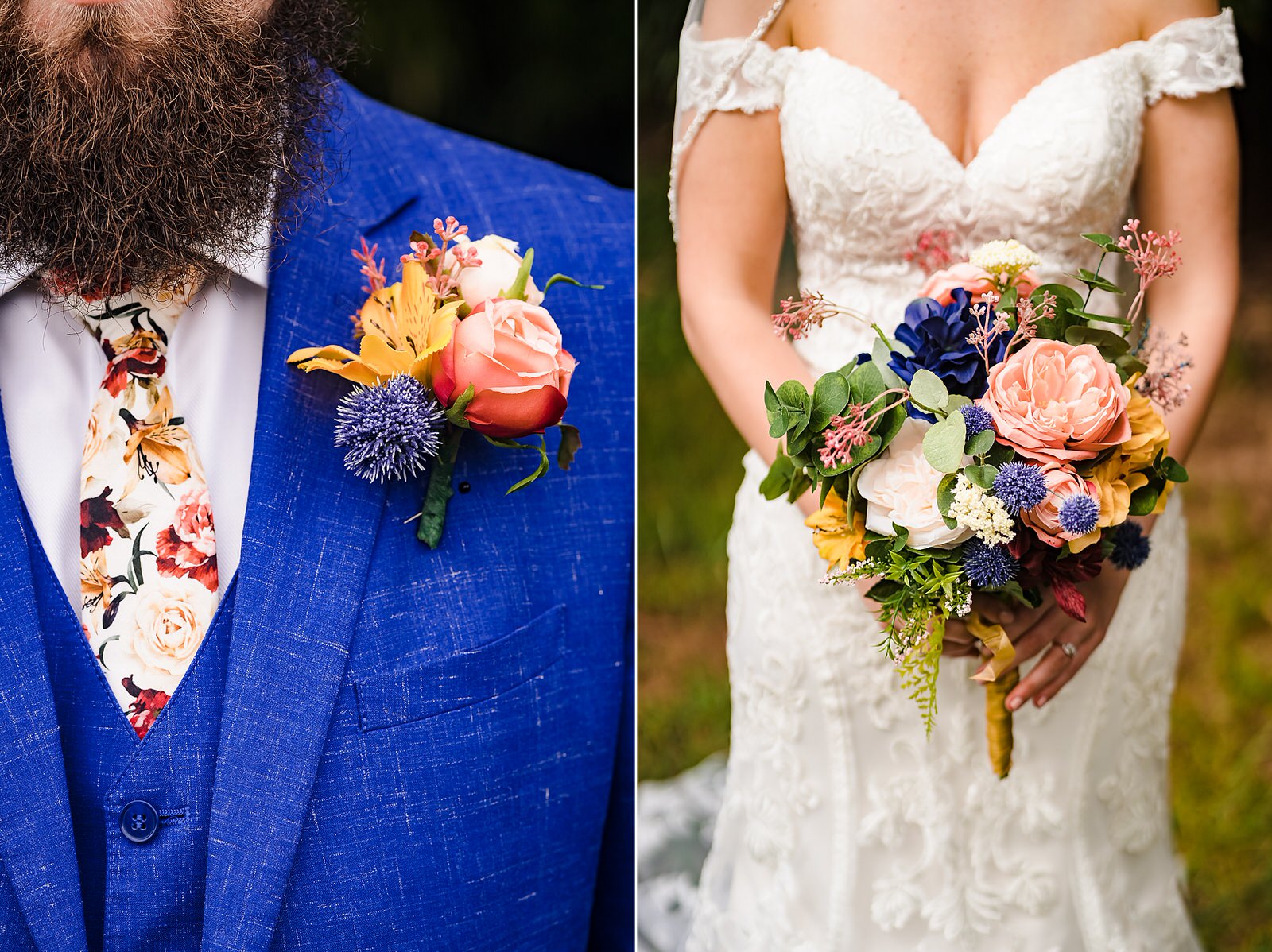 Details of this couples wedding florals - colorful silk florals for your wedding day
