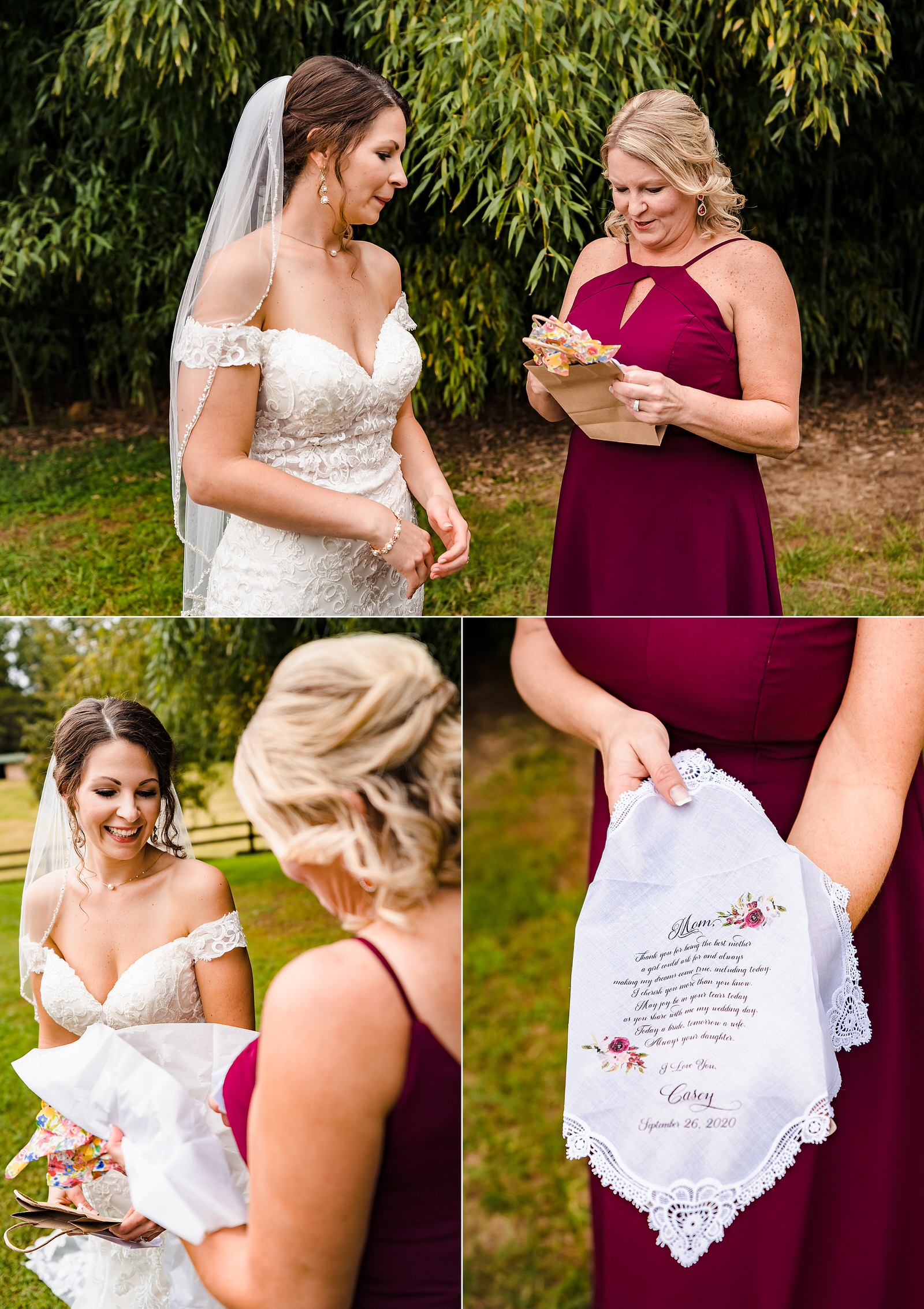 bride gives her mother a customized handkerchief as a wedding gift