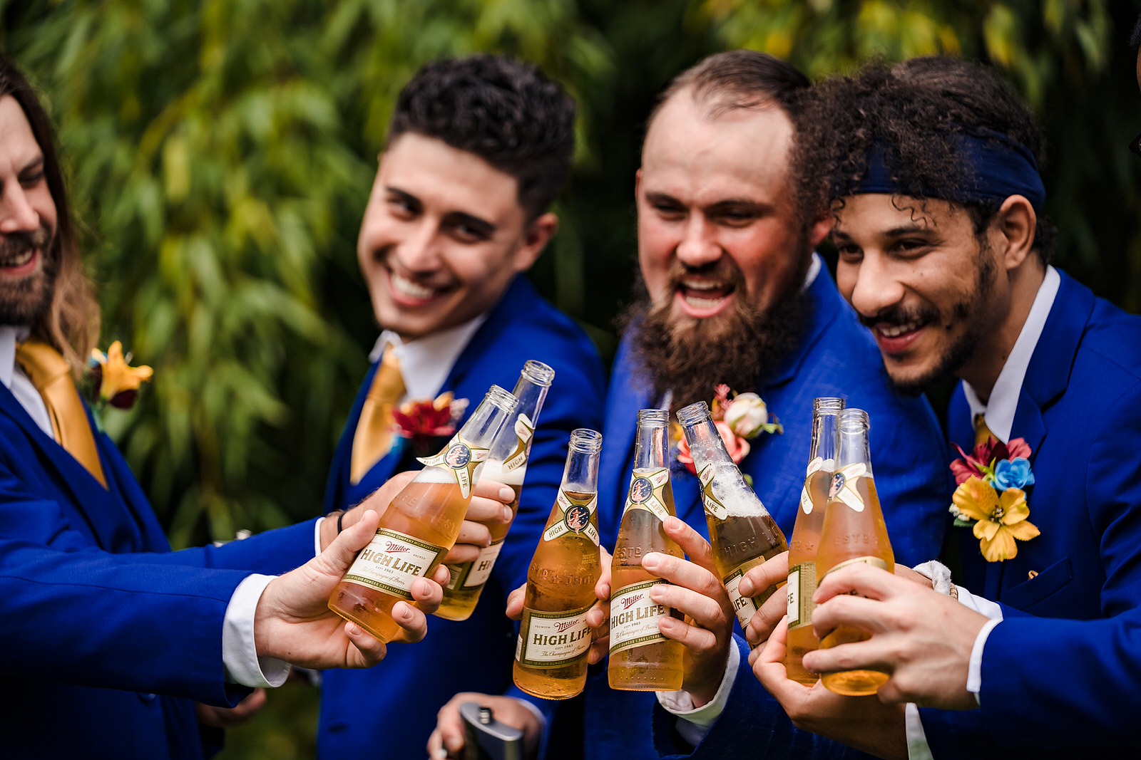 Groomsmen "champagne" toast with Miller High Life, the Champagne of beers