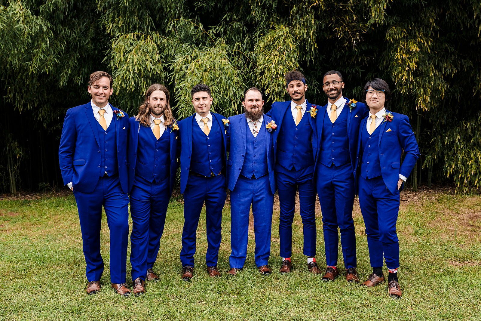 Groom and groomsmen style: blue tuxes from Generation Tux