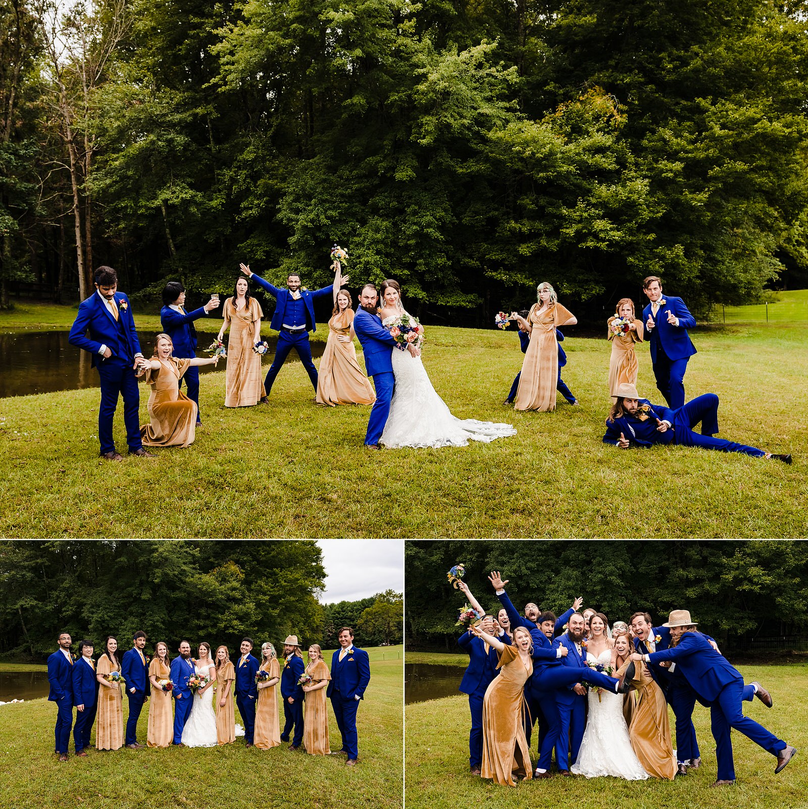 Wedding party style inspiration: yellow velvet bridesmaid dress from Baltic Born and blue suits from Generation Tux