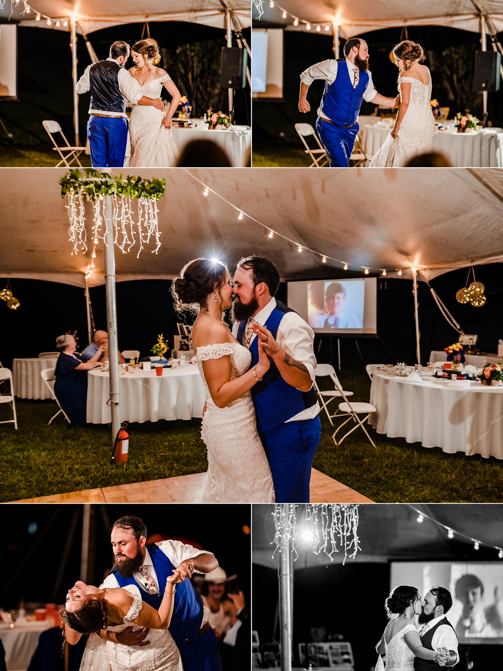 Bride and groom's first dance with projection of groom lip-syncing behind them