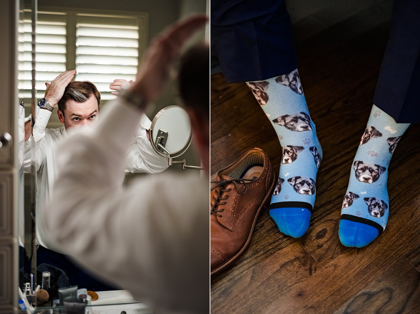 Groom gets ready for wedding ceremony. He's wearing socks with his dog's face on them!