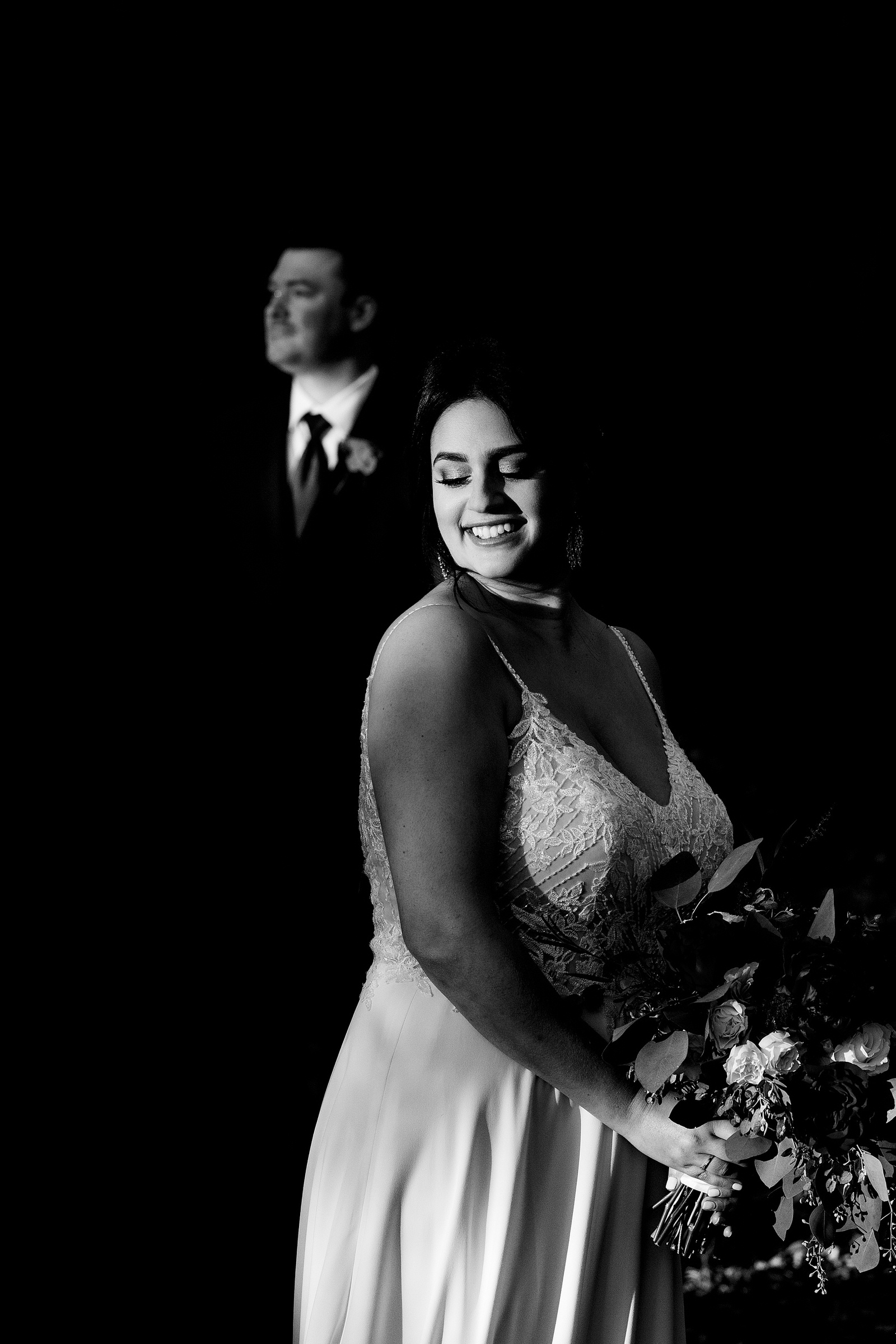 dramatic black and white wedding portrait