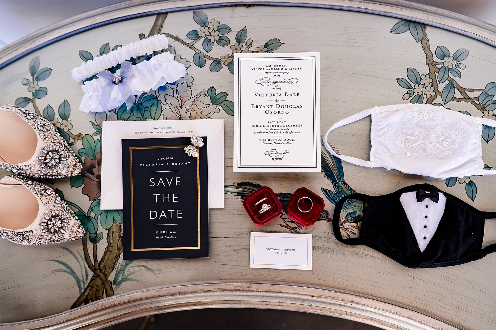 Wedding details for a Covid wedding include custom bride and groom masks