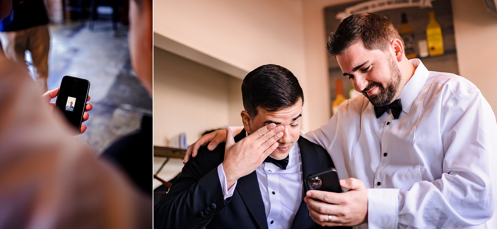 Some of the groomsmen couldn't make it to this wedding because of Covid and the bride surprised the groom with video messages from his friends!