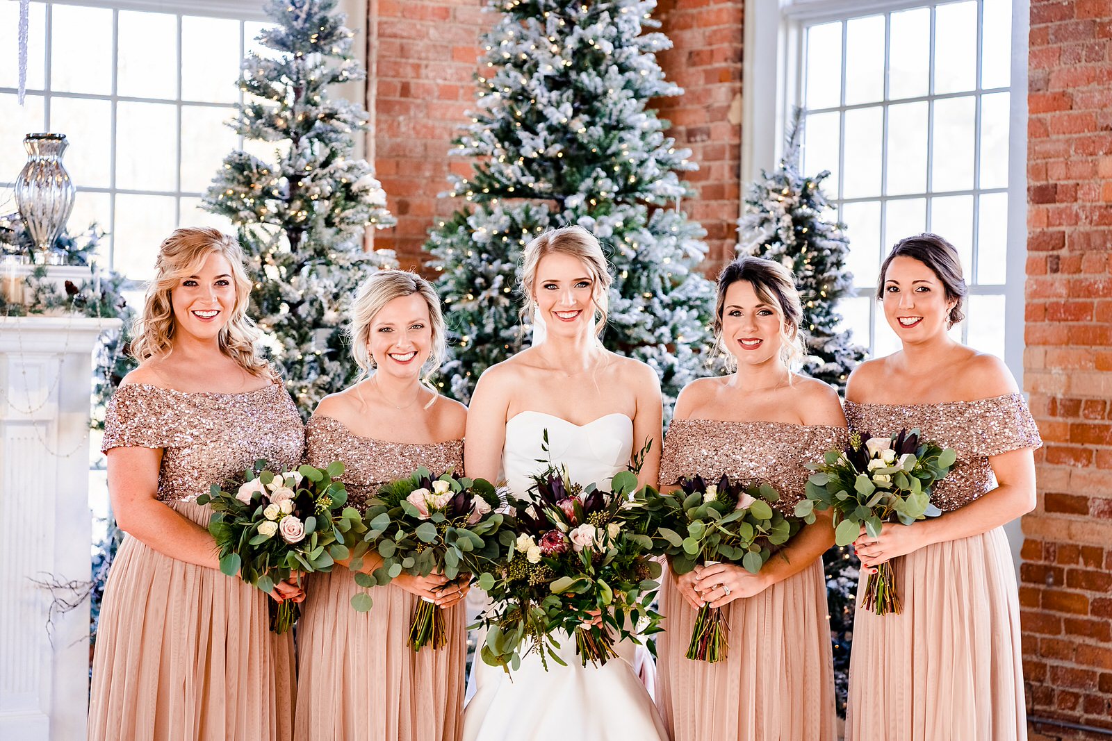 Winter wedding inspiration, sparkly gold bridesmaid dresses and black tuxedos