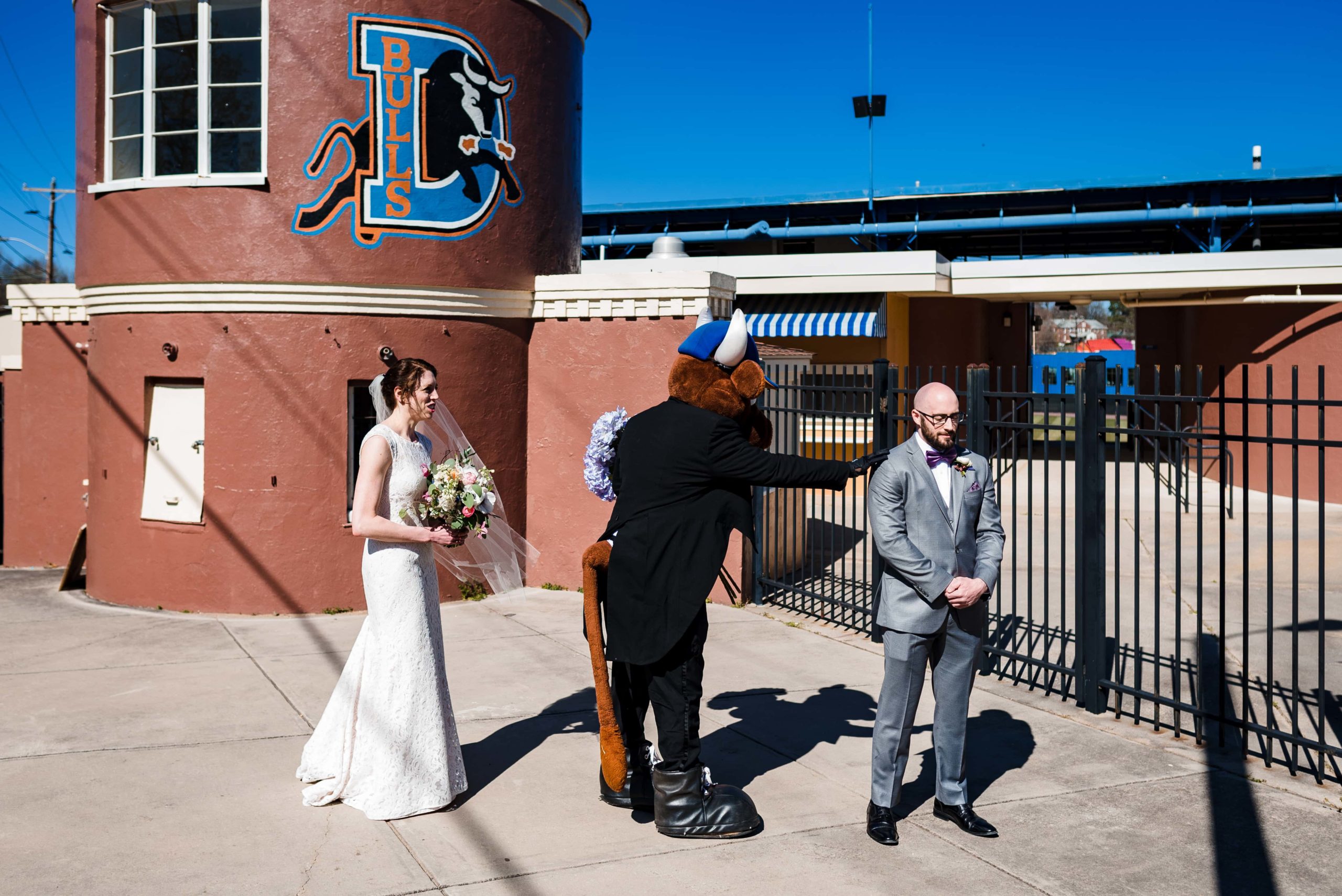 Mascot crashes wedding first look