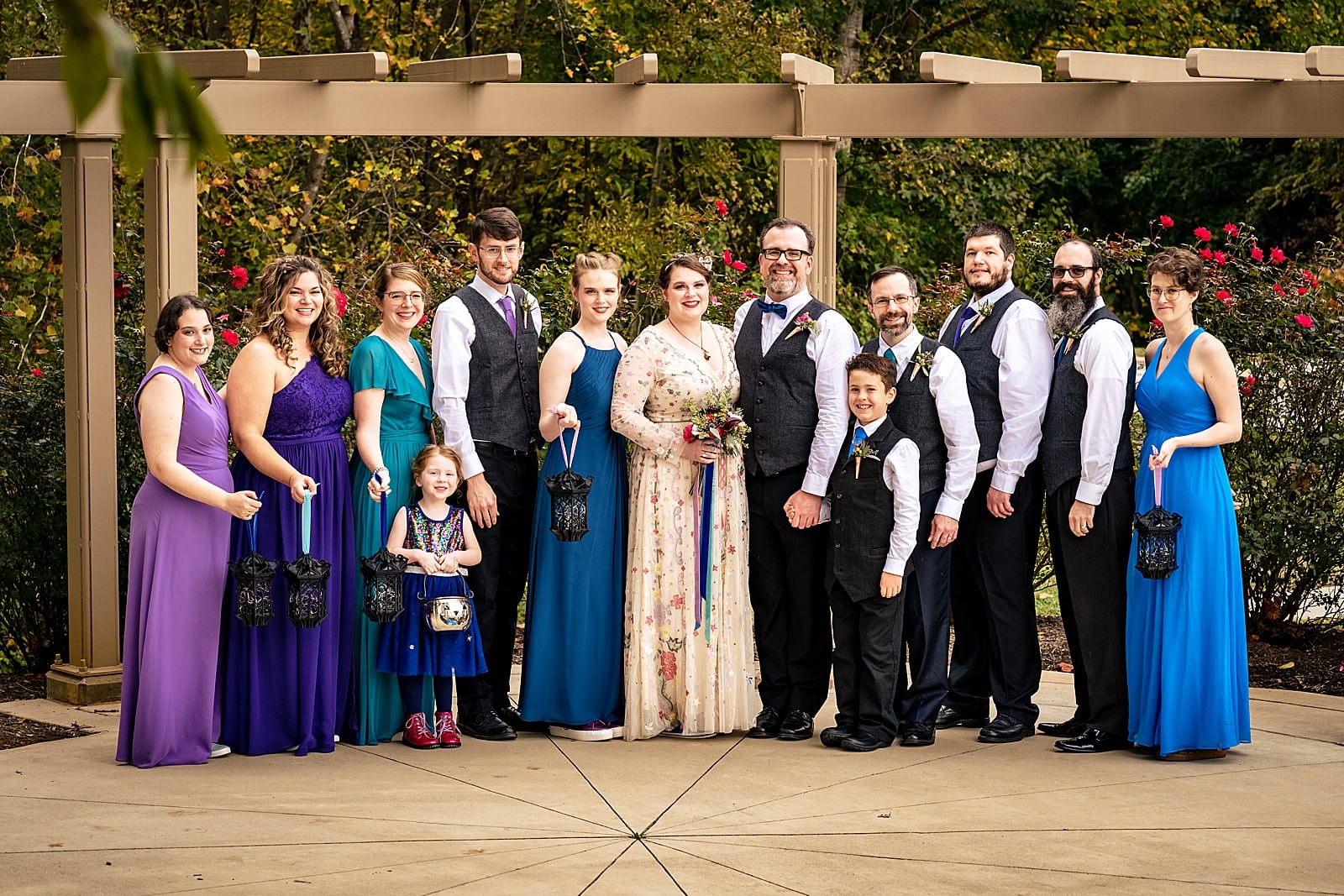 Colorful wedding party inspiration, attire by Azazie, bride's gown by Needle & Thread