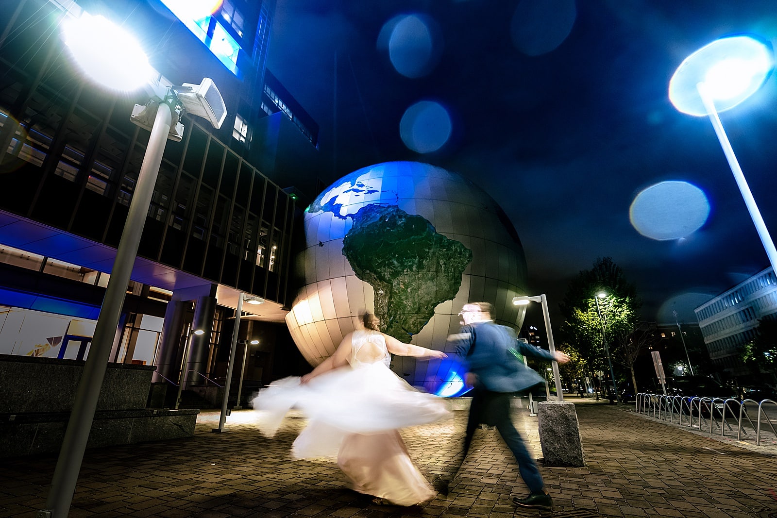 Late night slow shutter wedding portrait in downtown Raleigh