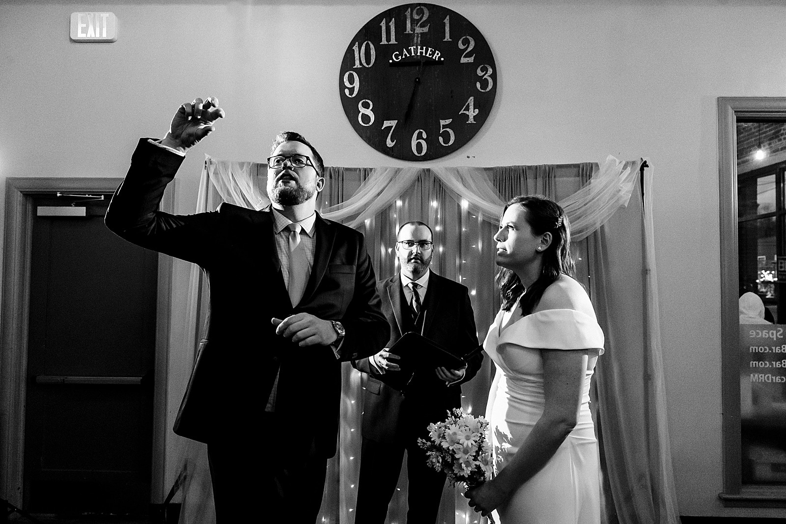 Wedding ceremony moments at Boxcar Bar + Arcade wedding in Durham, NC