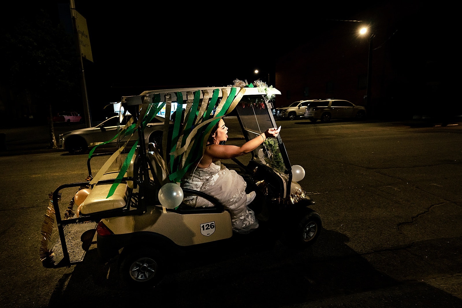 This couple made their wedding getaway in a golf-cart!!!