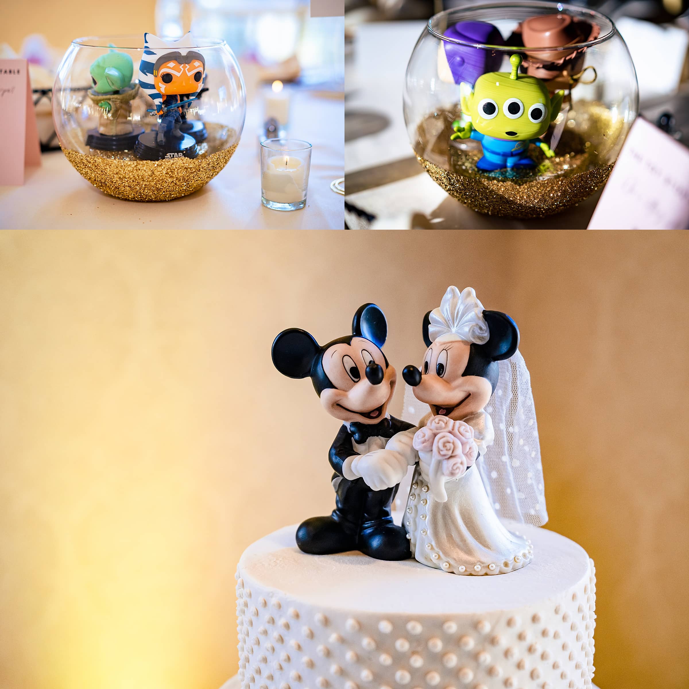 Nerdy wedding details including star wars, pixar, and disney characters as centerpieces and a cake topper | photos by Kivus & Camera