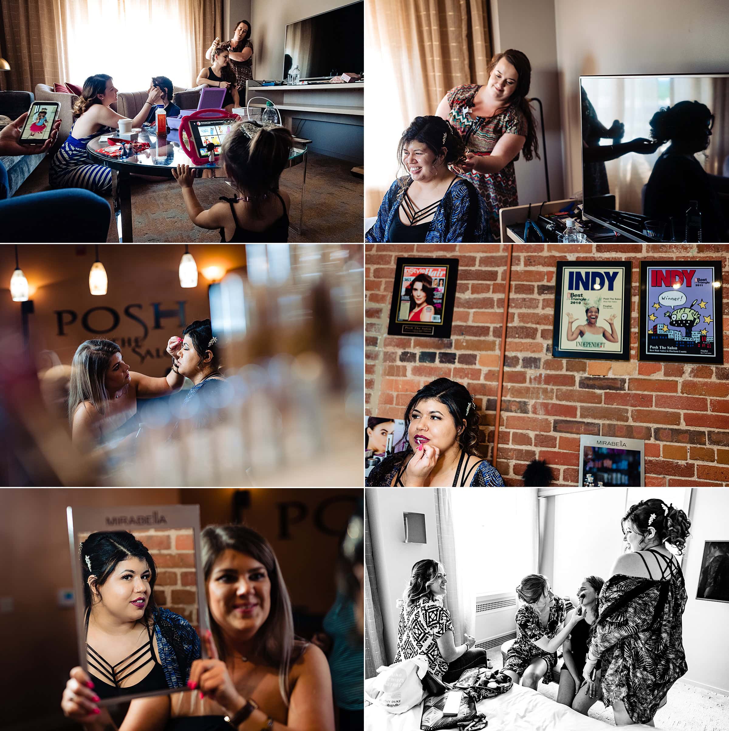 Bride Prep in downtown durham | 21C Wedding, 21C Durham, Multicultural wedding, Durham wedding, Durham wedding photographers | kivusandcamera.com