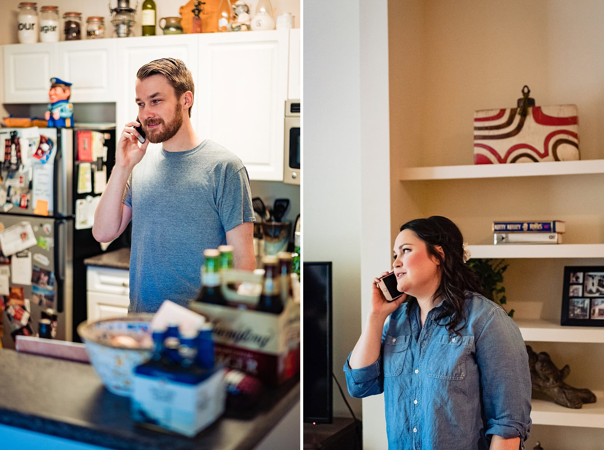 Two photos - one of the bride on the phone and one of the groom on the phone - showing a bride and groom talking to one another on their wedding morning