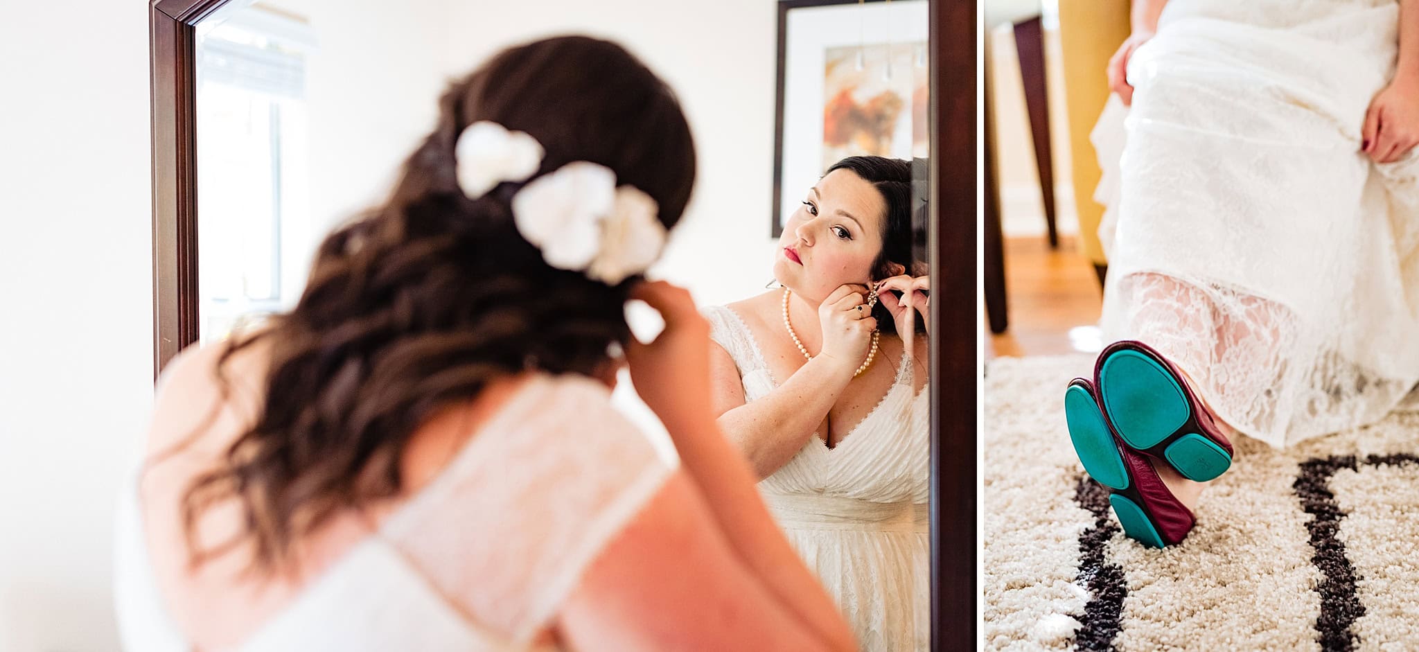 a bride puts jewelry on before her All Saints Chapel Raleigh Wedding