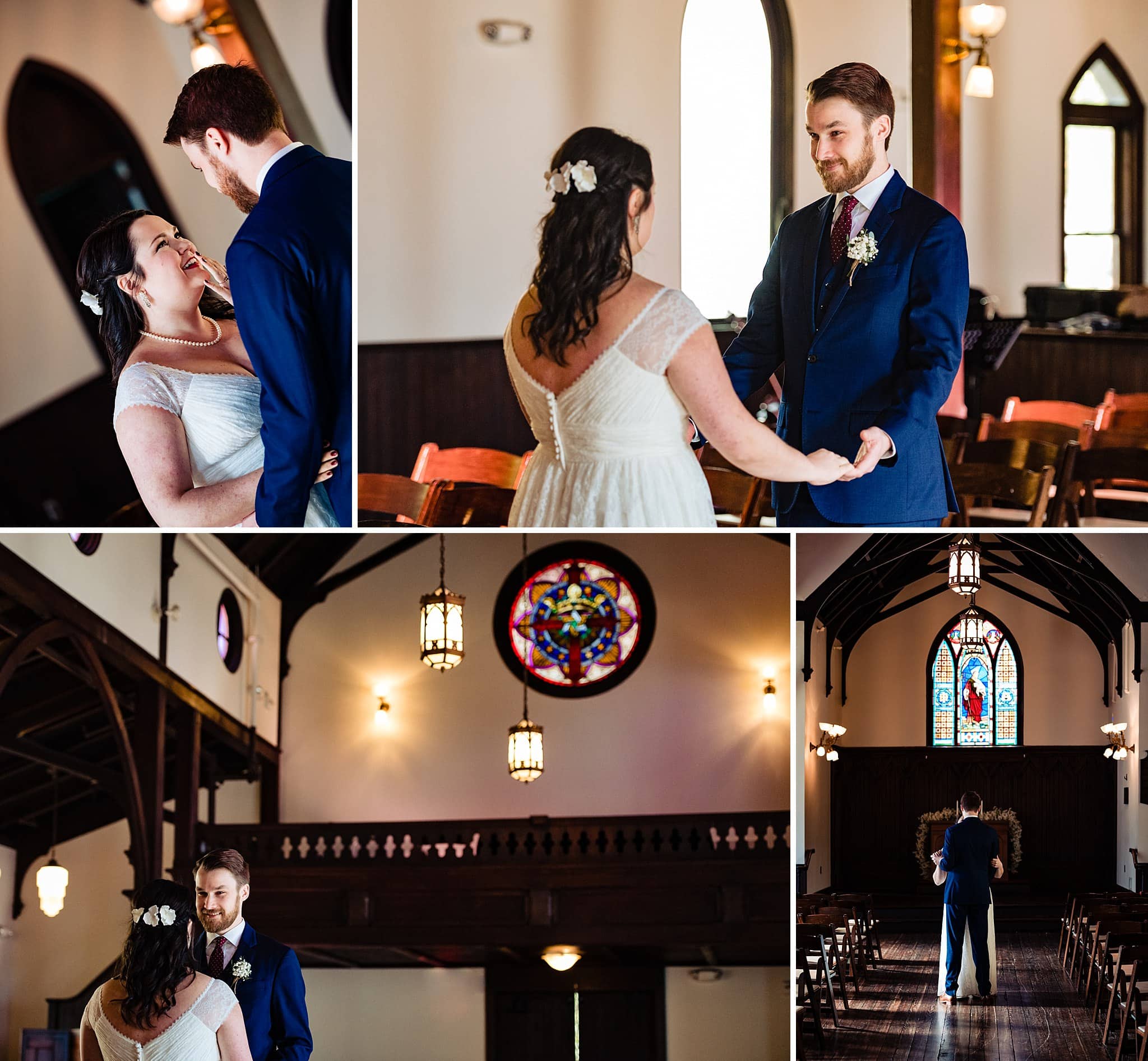 Bride and groom's first look at All Saints Chapel in downtown Raleigh