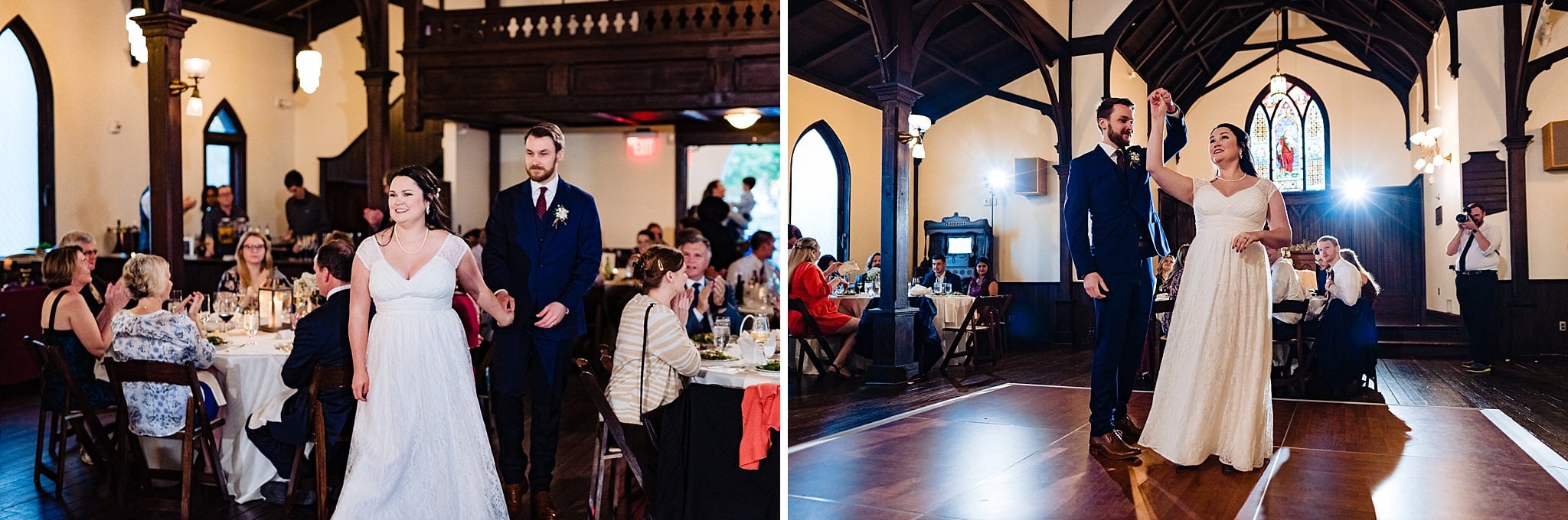 Bride and groom enter their All Saints Chapel wedding reception