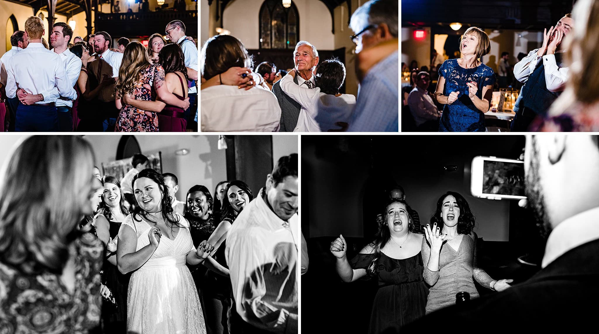 The bride and groom and their guests have fun on the dance floor during this All Saints Chapel Raleigh wedding