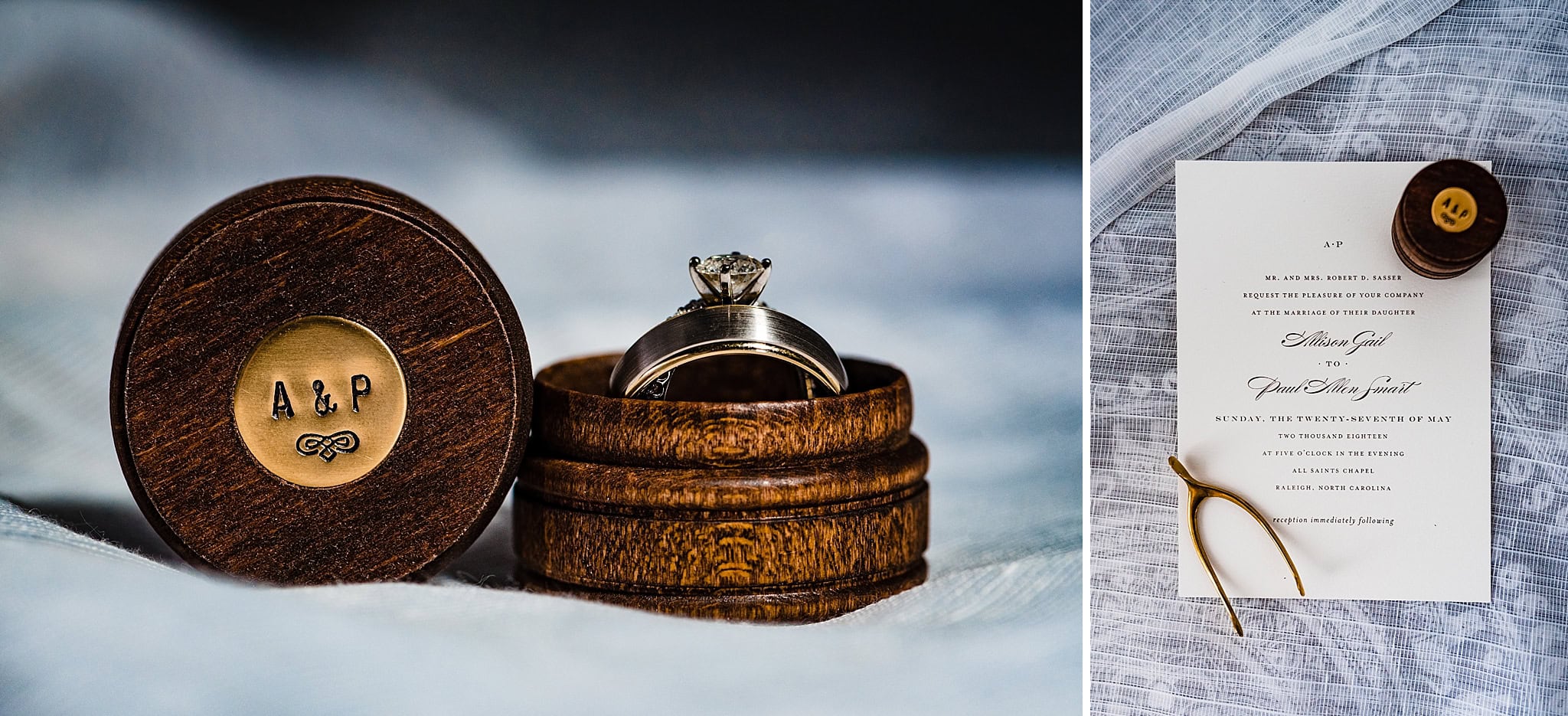 Custom wedding ring box featuring the couple's initials