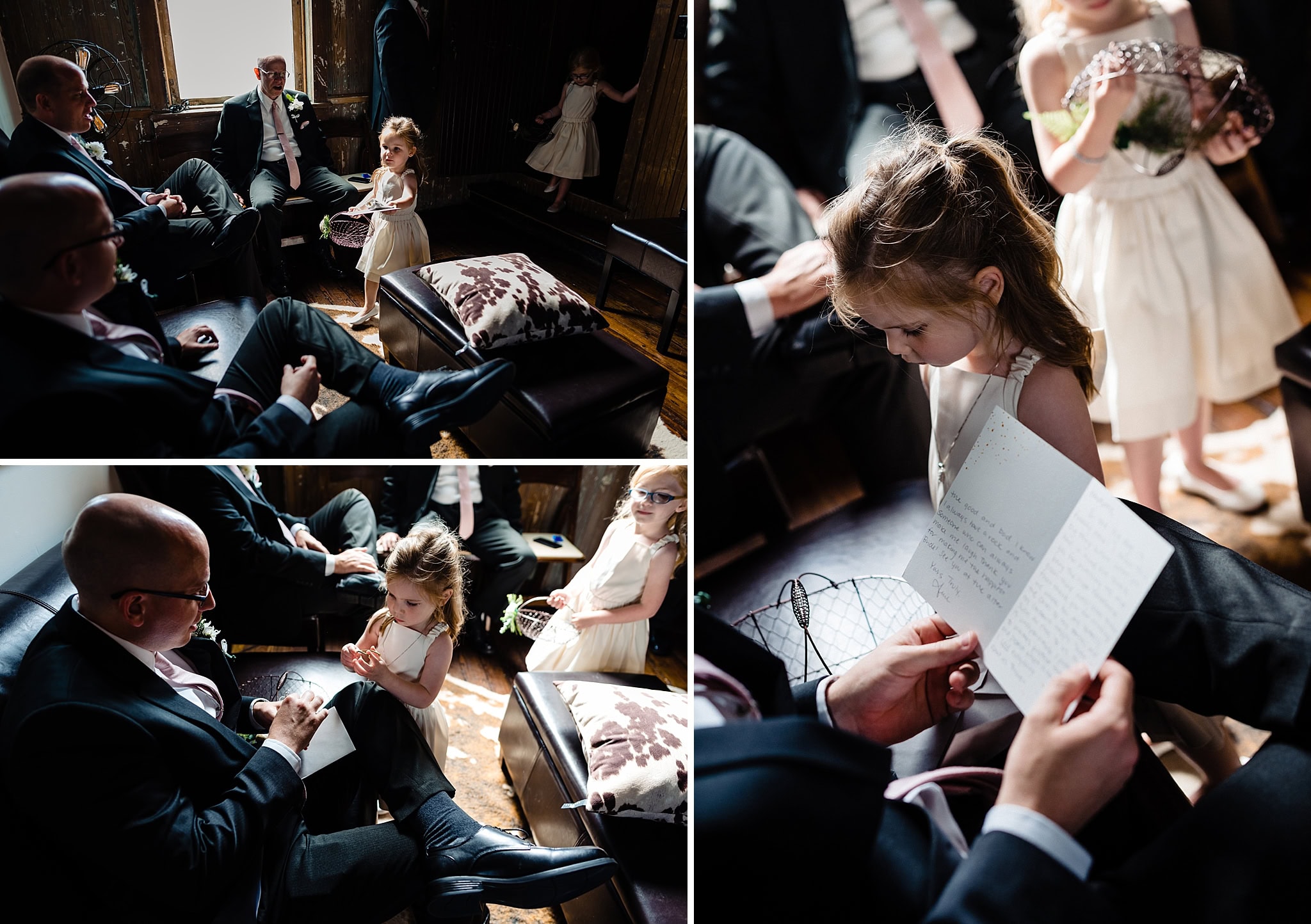 Flower girl delivers a gift to the groom. It's a handwritten letter from the bride.