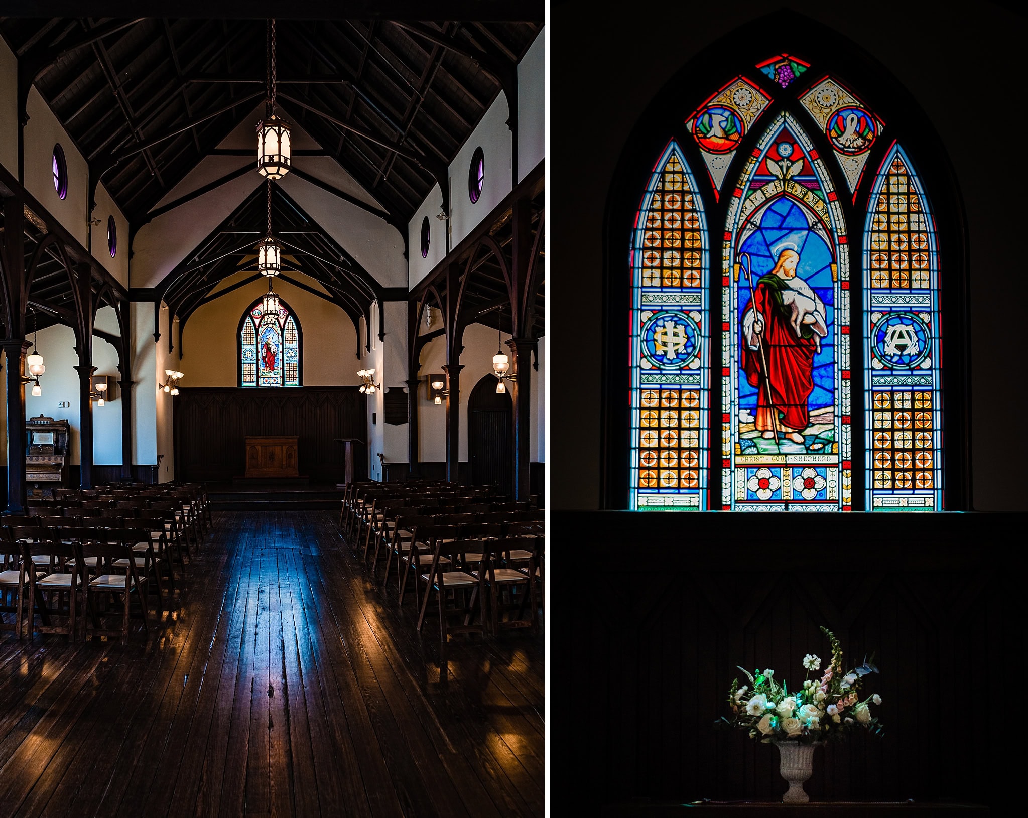 Photographs of All Saints Chapel Raleigh set up for a wedding ceremony from Raleigh wedding photographers