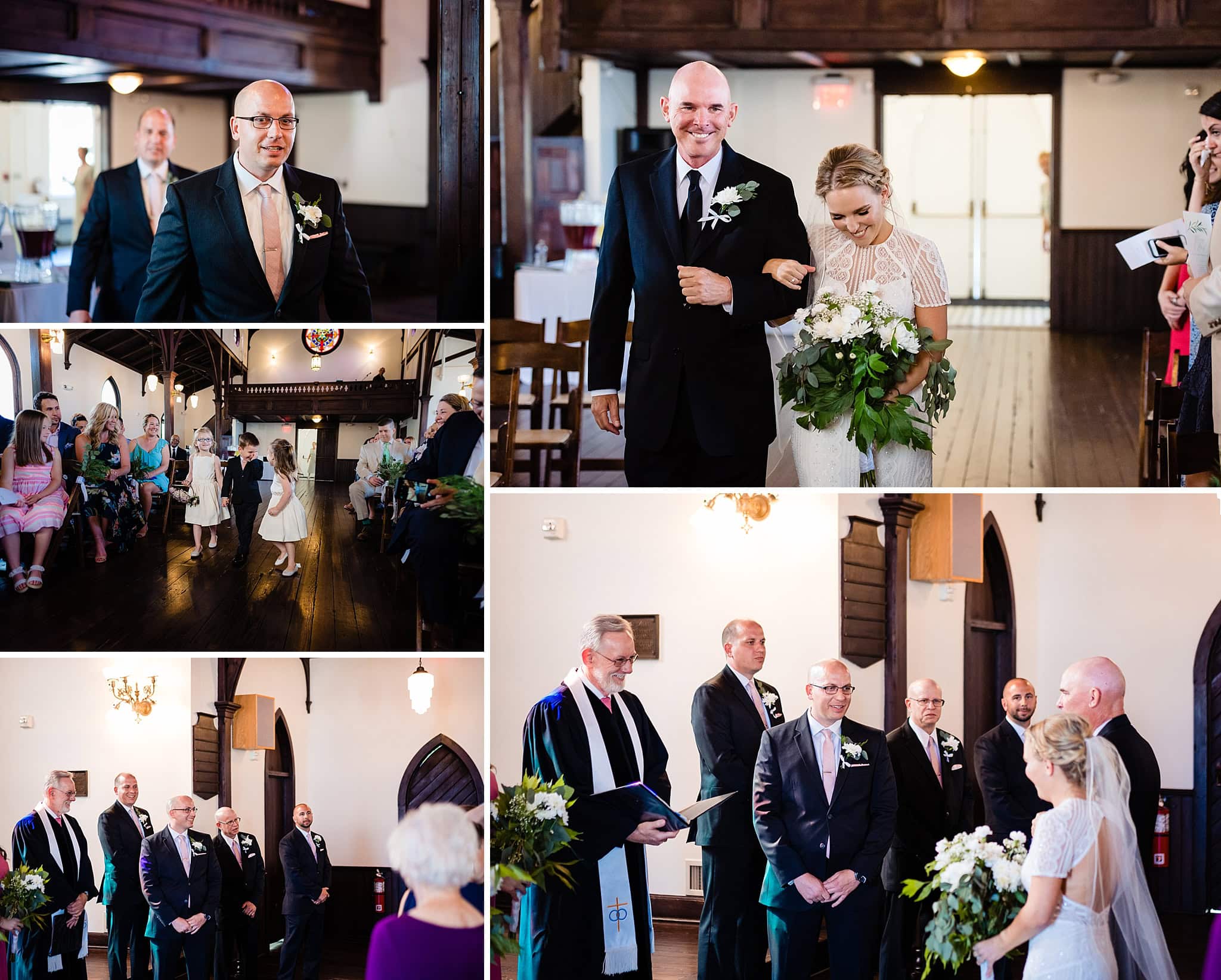 The bride processes down the aisle during her All Saints Chapel Wedding ceremony