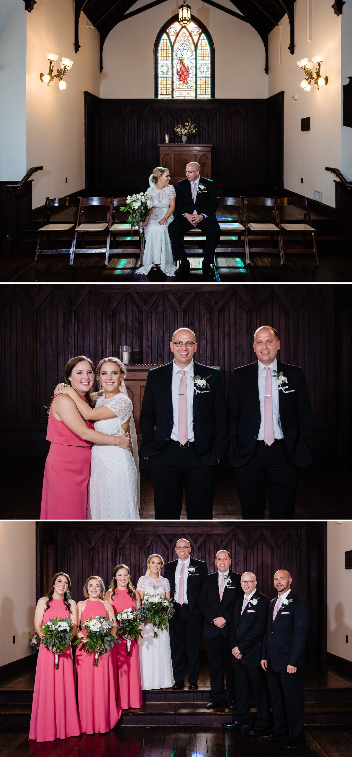 Wedding party in pink dresses and ties, Twins at wedding