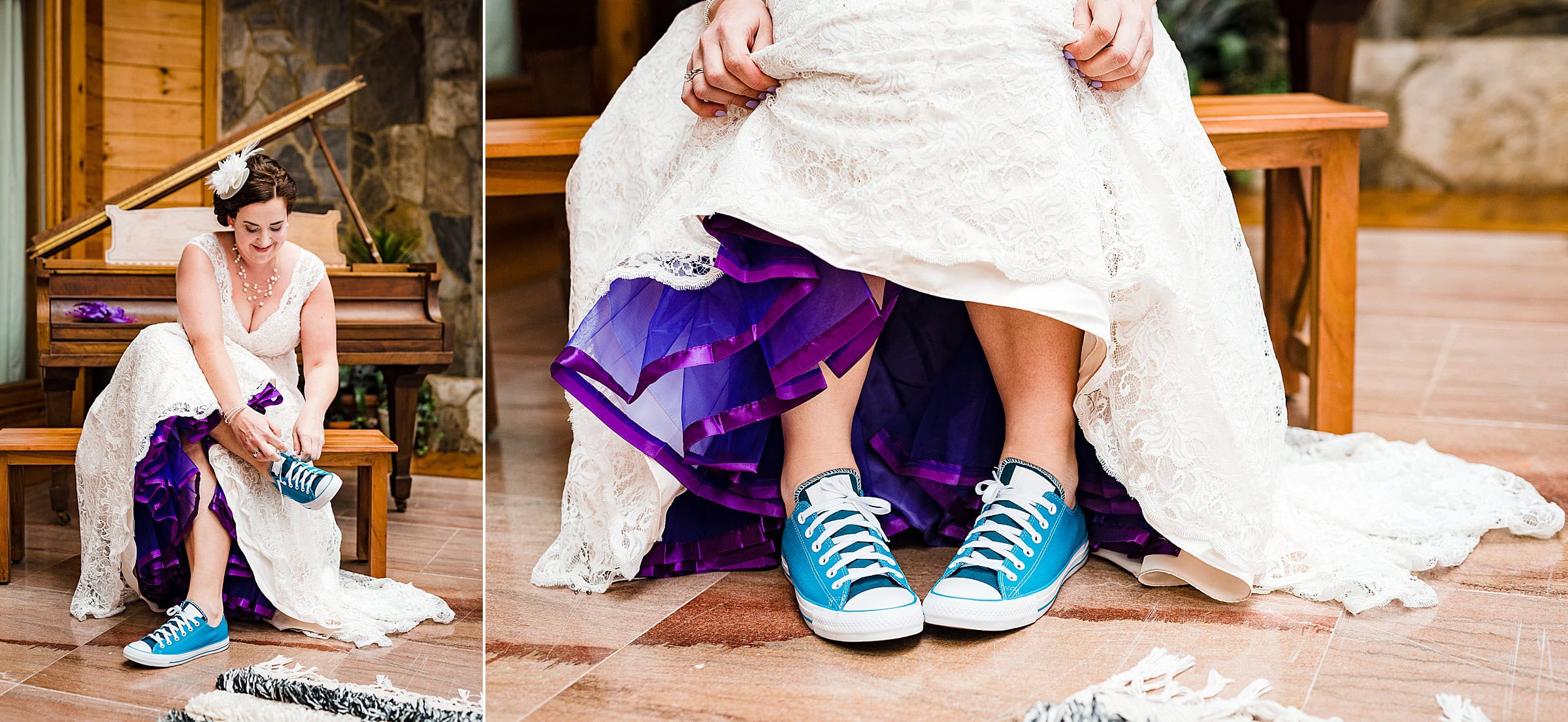 Purple wedding details - bride in converse