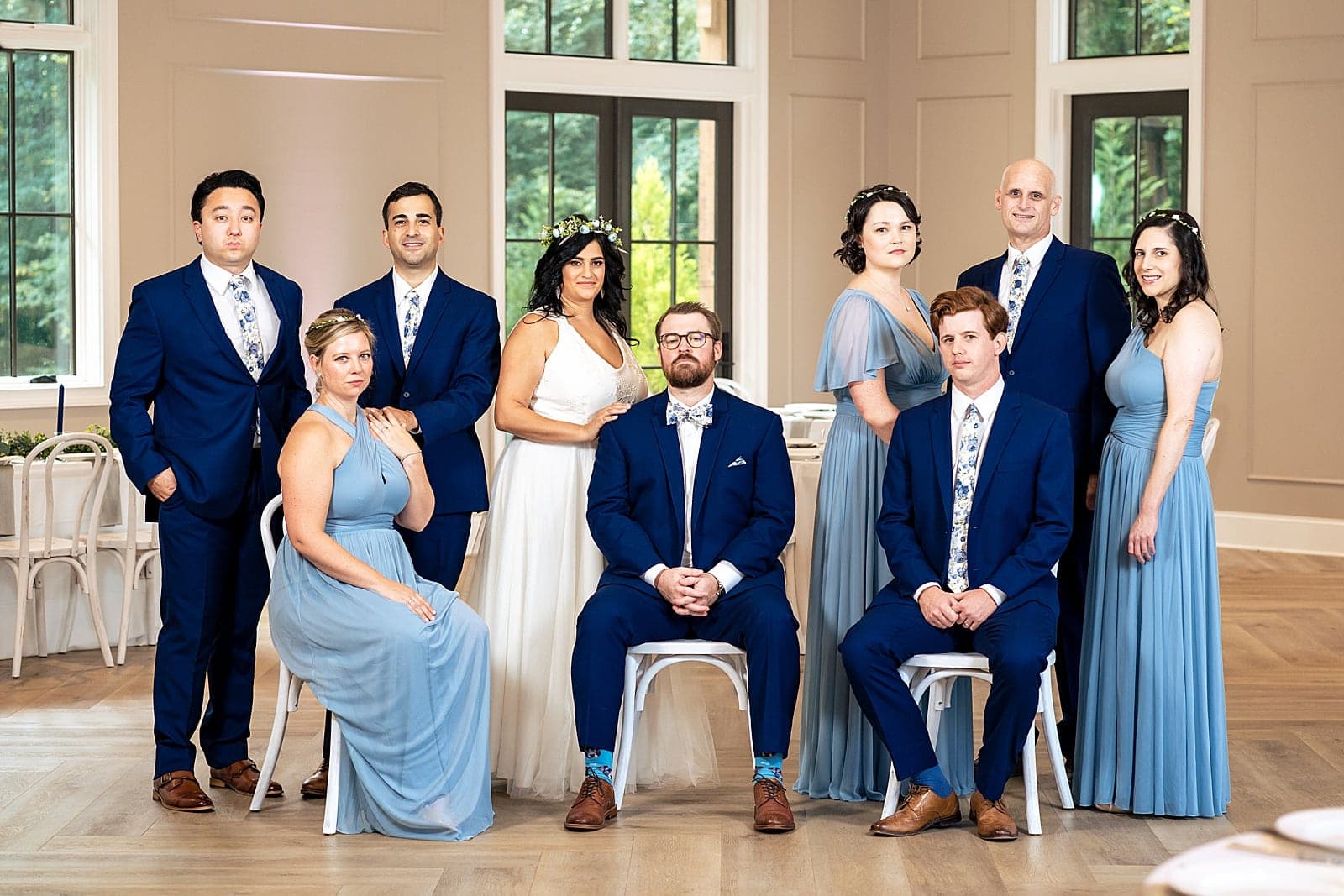 Wedding party style inspiration - light blue bridesmaids dresses, navy suits