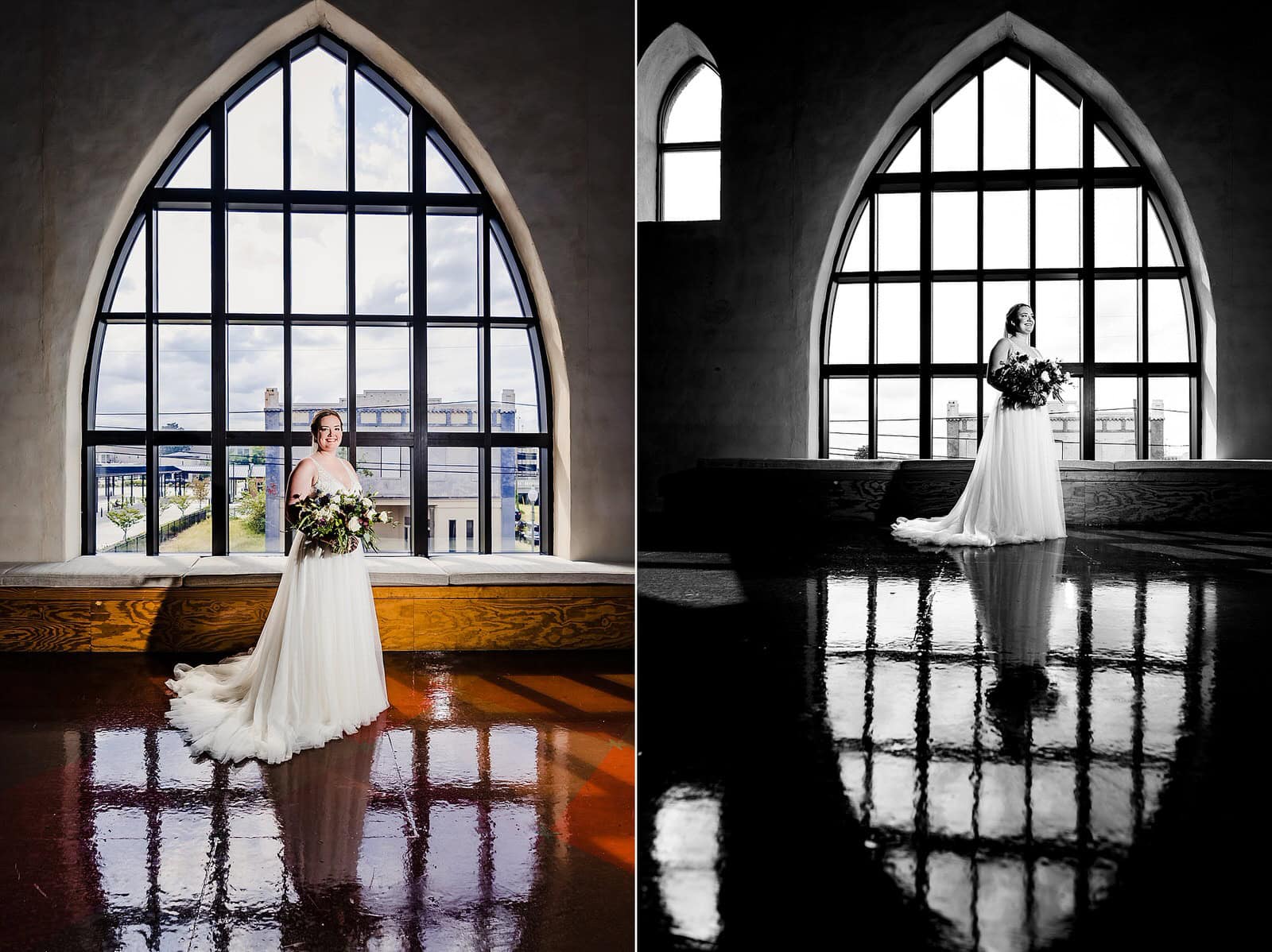 Portrait of a bride on her wedding day at the Brooklyn Arts Center in Wilmington, NC