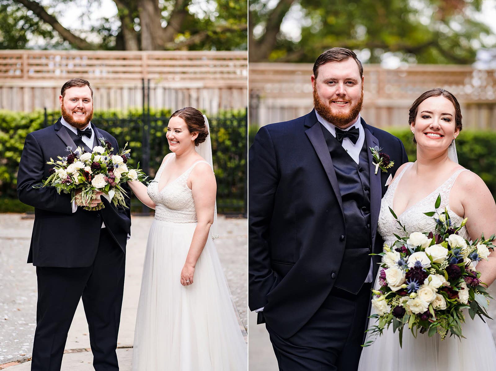 Portrait of a bride and groom on their wedding day at the Brooklyn Arts Center in Wilmington, NC