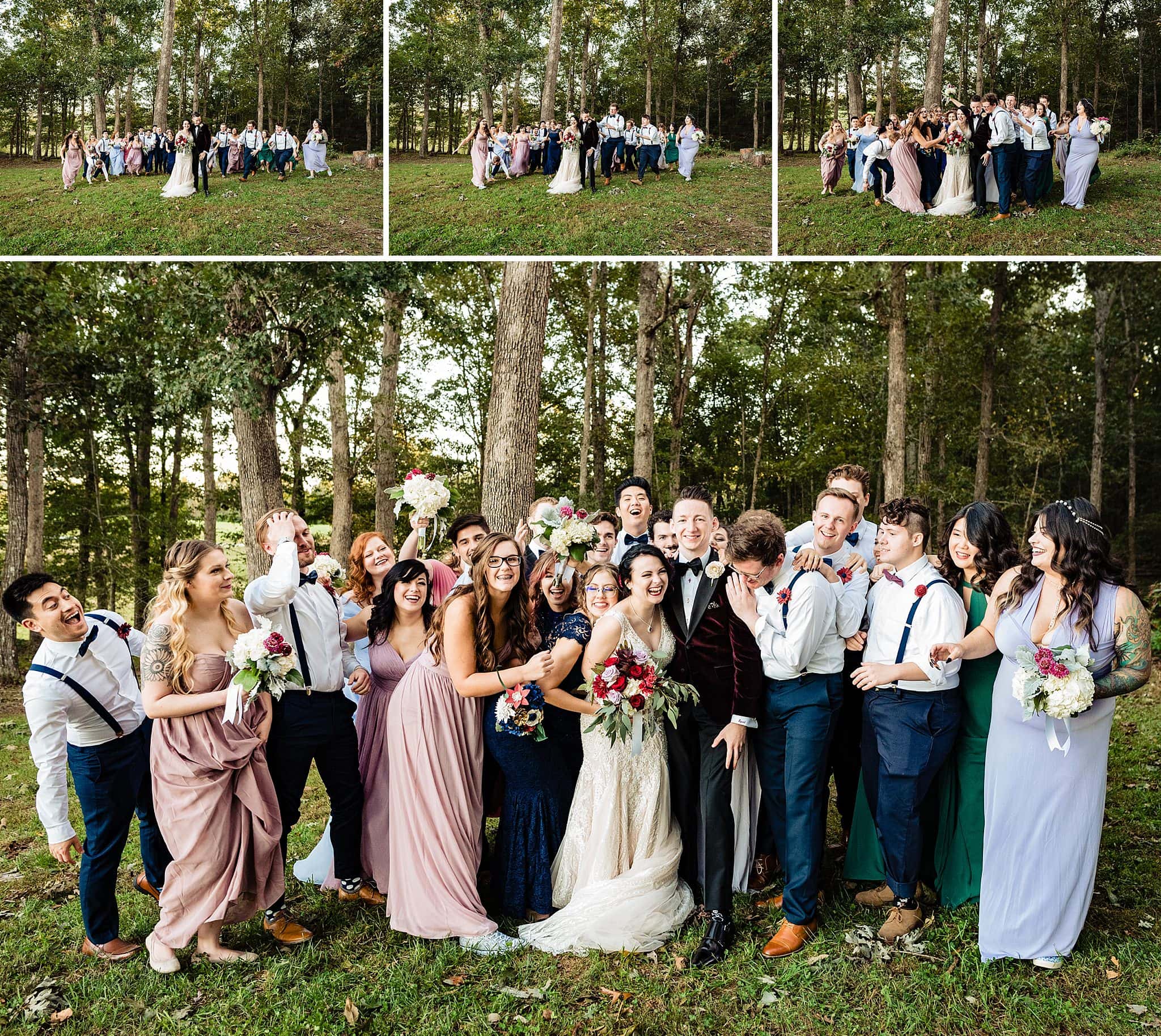 Mismatched bridesmaids dresses, large wedding party